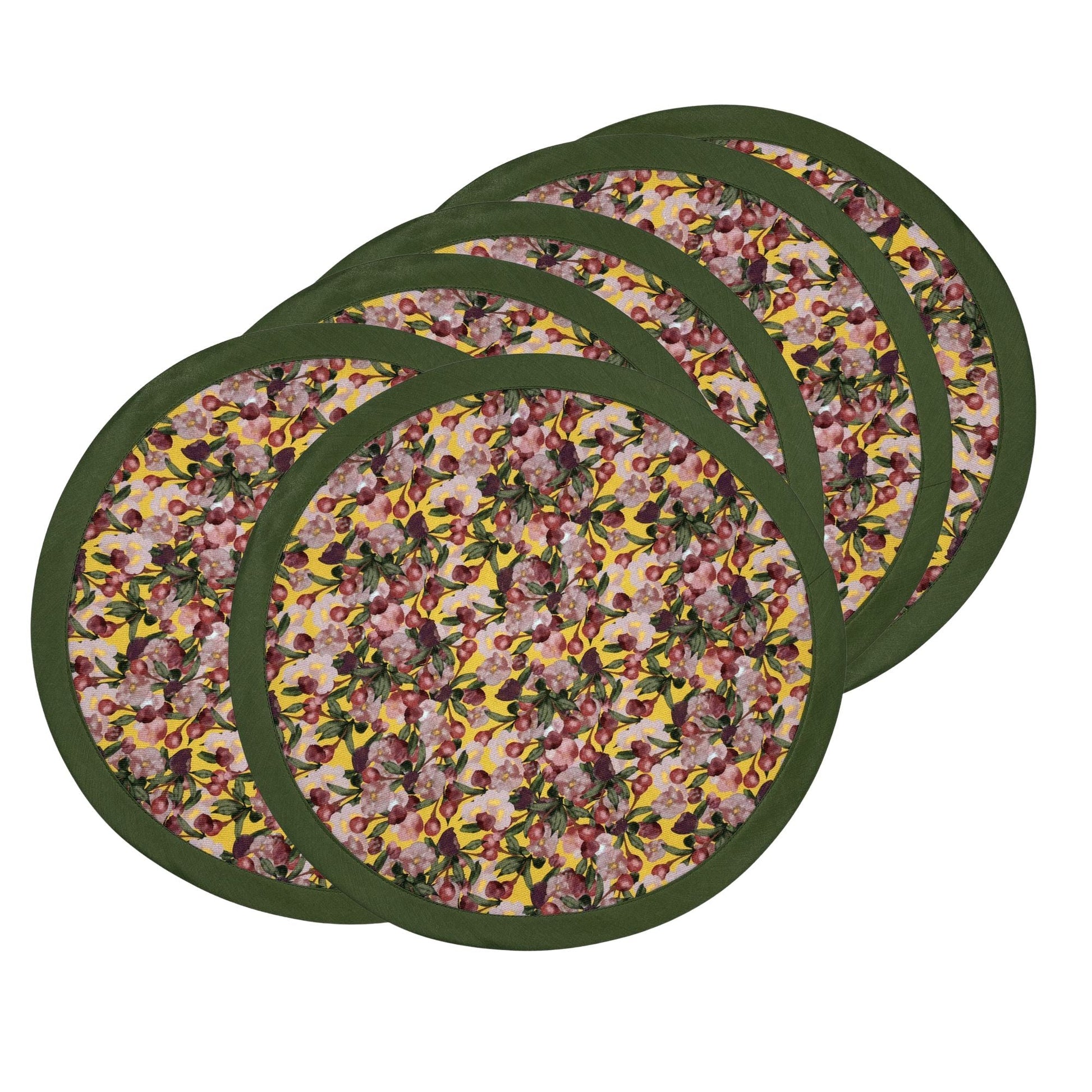 Green Pink Cherry Floral Placemats Romance is Dead Yellow