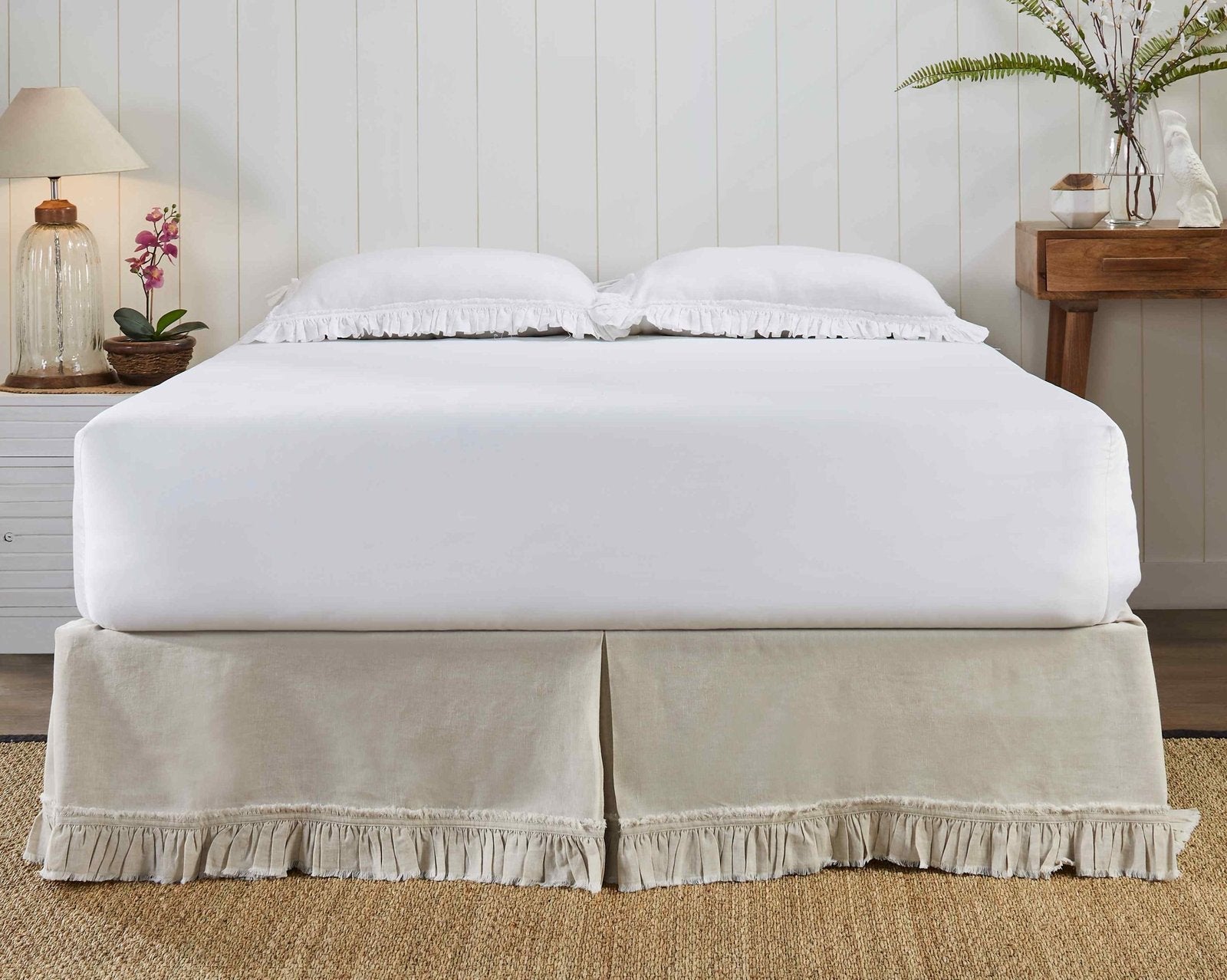 BS-104-7880_2|Beige ruffled panel bed skirt with linen-like texture, offering a shabby chic aesthetic and hiding under-bed storage.