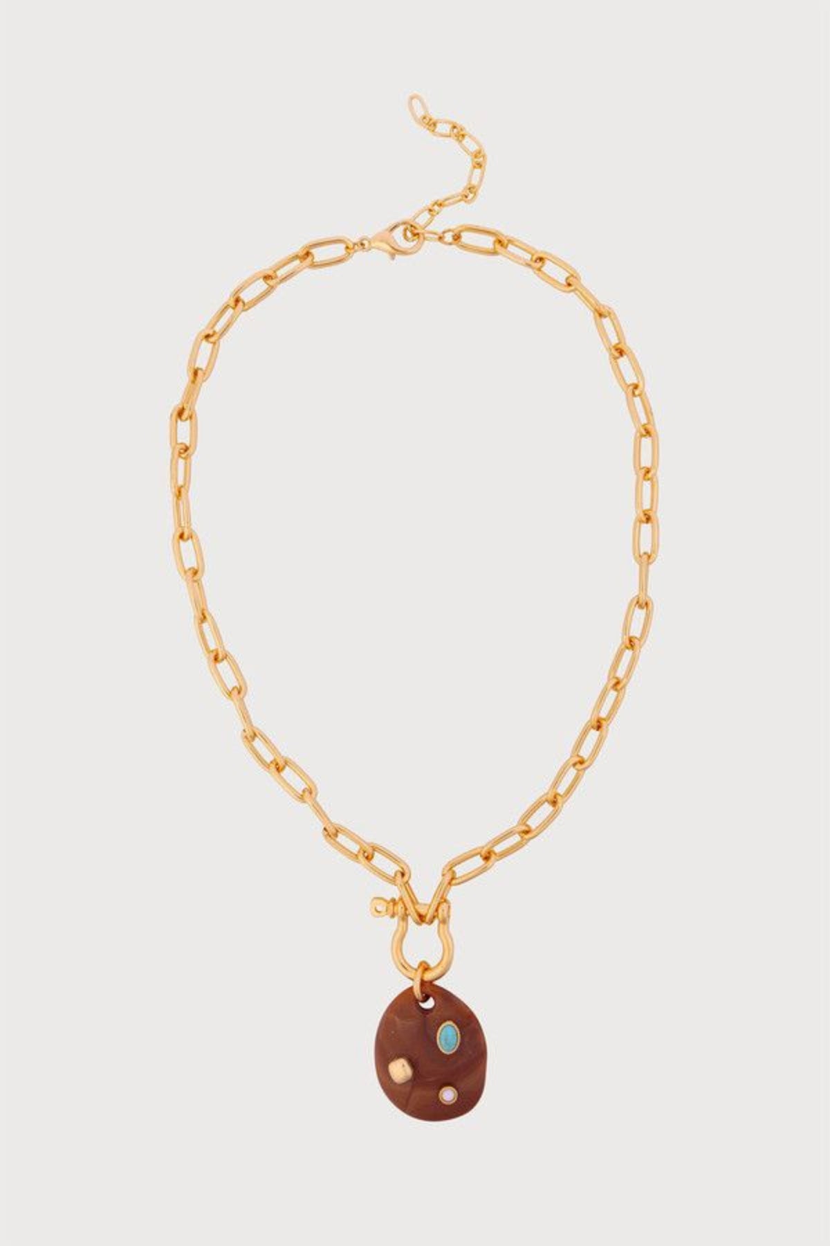 Stone-Studded Wood Disc Pendant Necklace - Brown