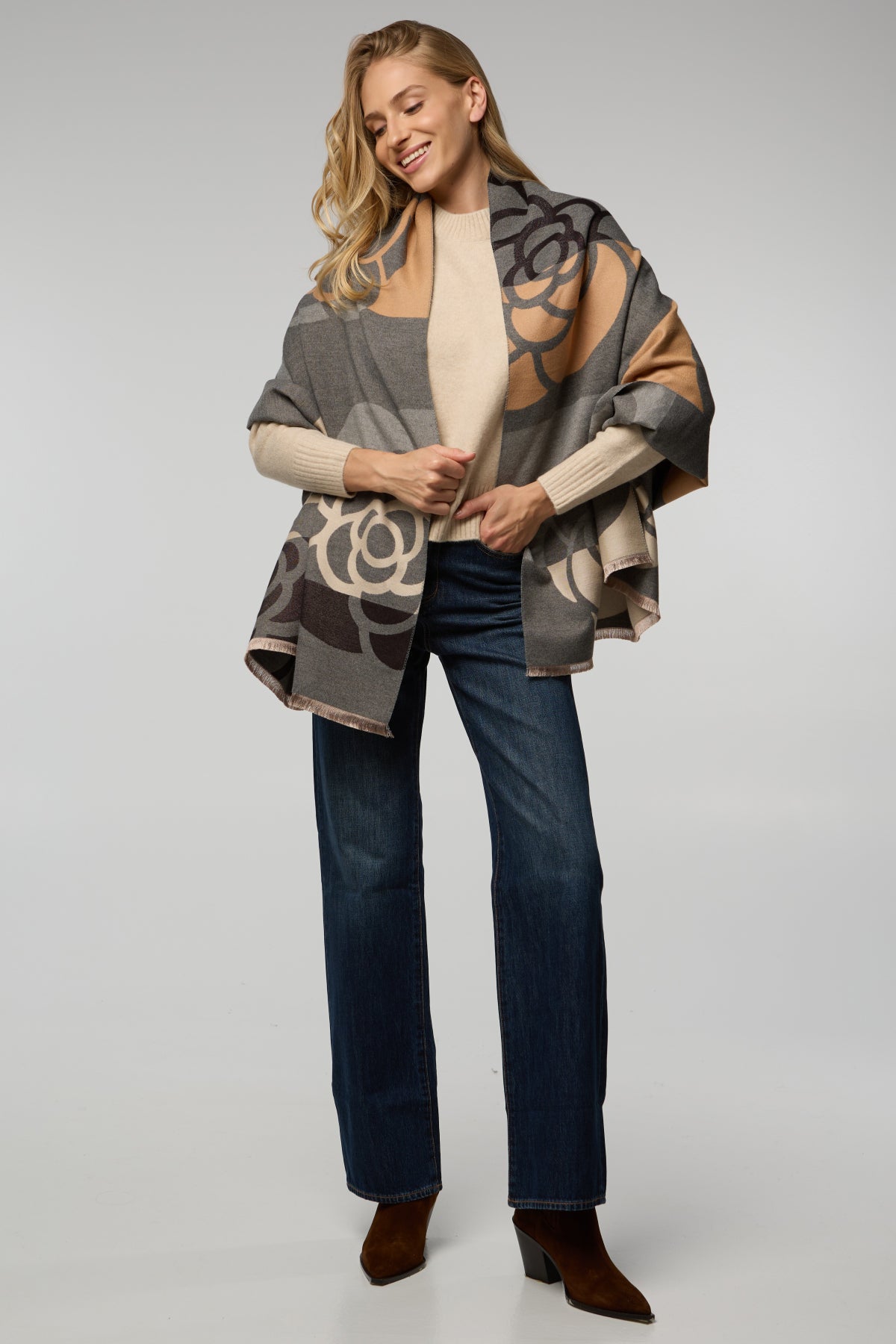 Geo Floral Reversible Scarf - Grey