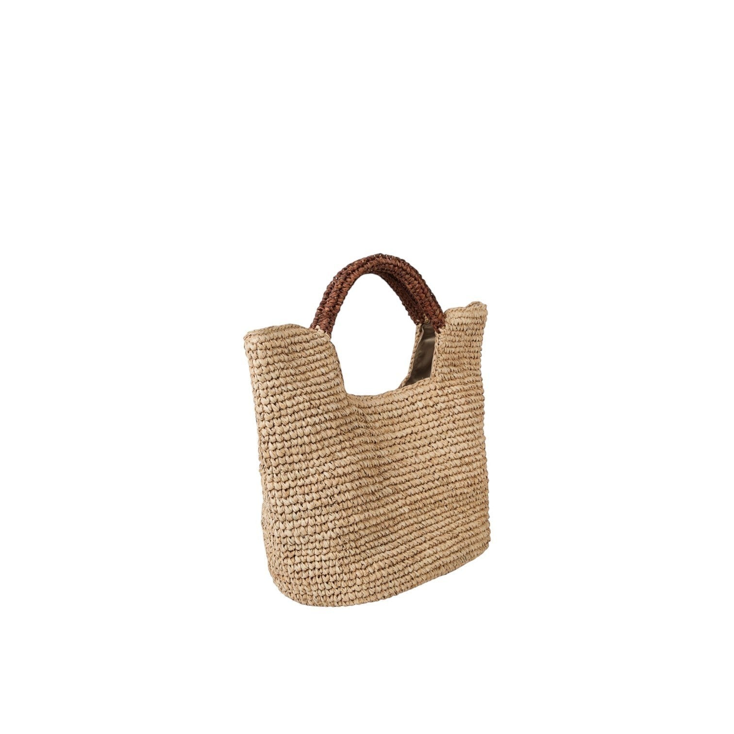 Shop Sarah Stewart The Opal natural raffia tote bag with brown handles, cotton lining, and snap closure.