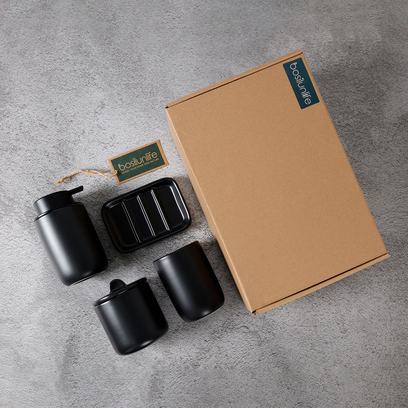 Black ceramic containers with lids on a gray surface, next to a cardboard box and BosilunLife tag.
