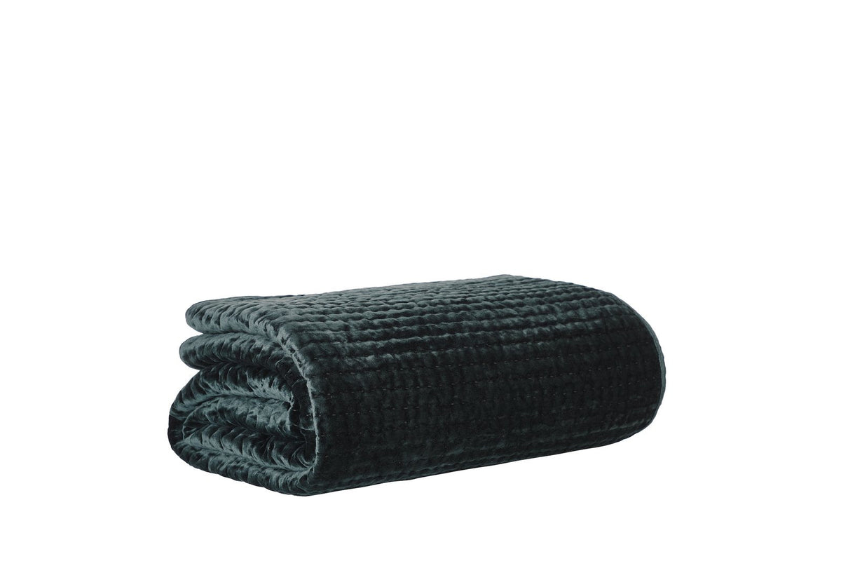 QT-363-9496_6|Dark green velvet quilted bedspread, neatly rolled, featuring its textured design and plush material. Perfect for cozy layering.
