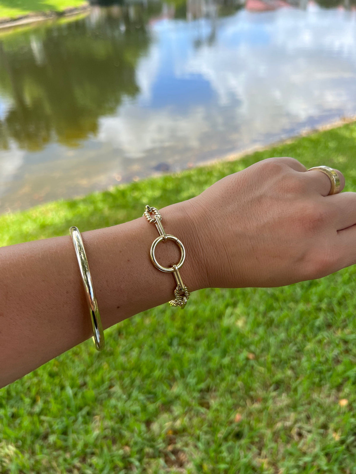 Golden Eliza Bracelet adorning a wrist, perfect for stylish vibes