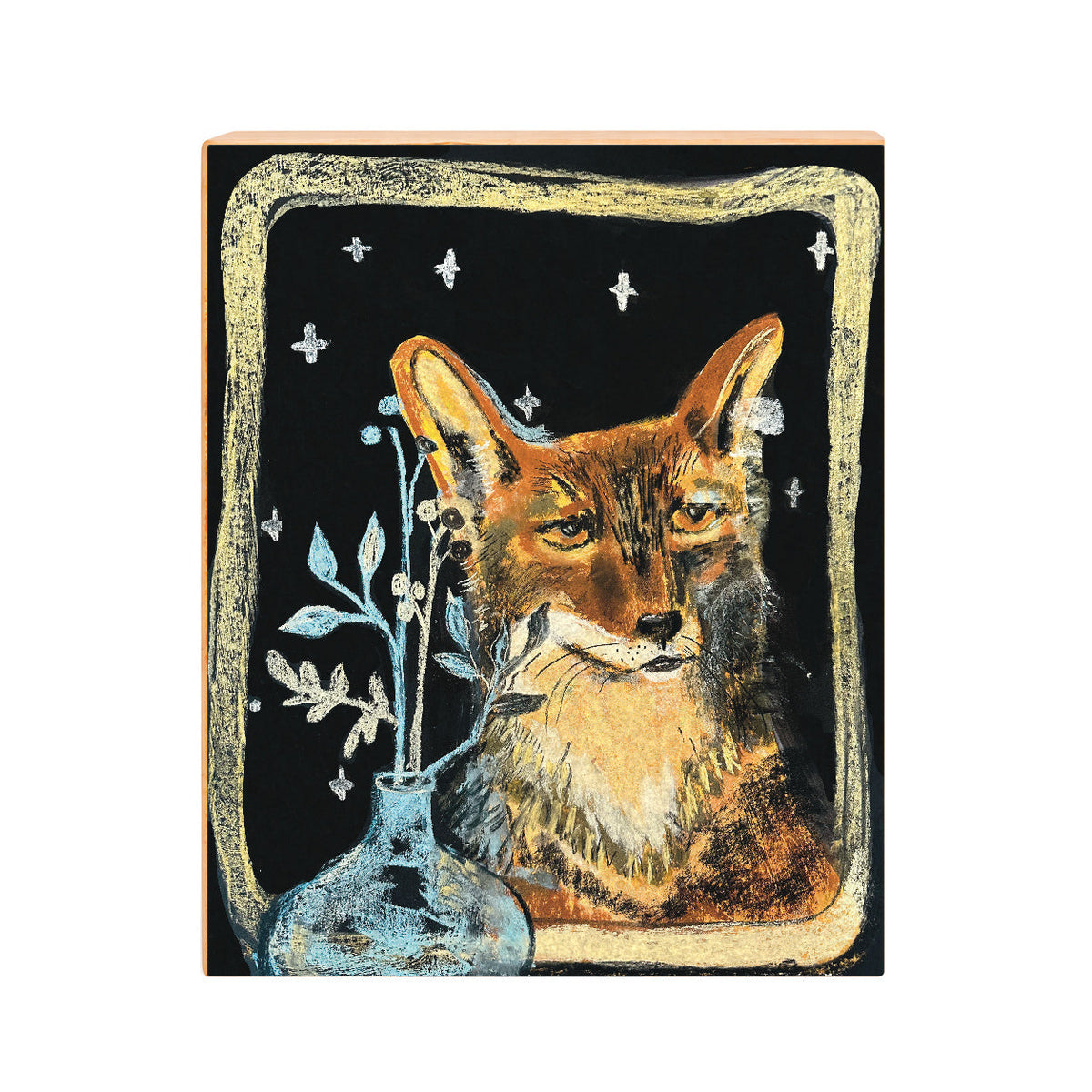 Fox in a gold window frame beside a blue vase under a starry sky, 11×14 art print on gesso board, front view