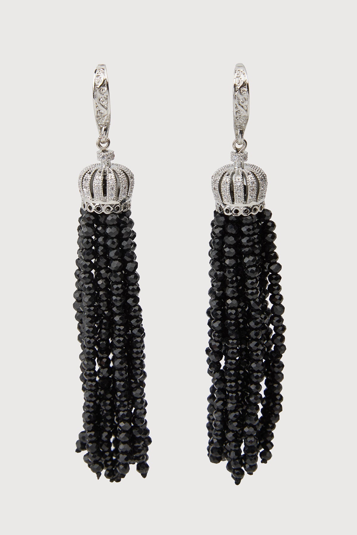 Crown Tassel Drop Earrings - Black