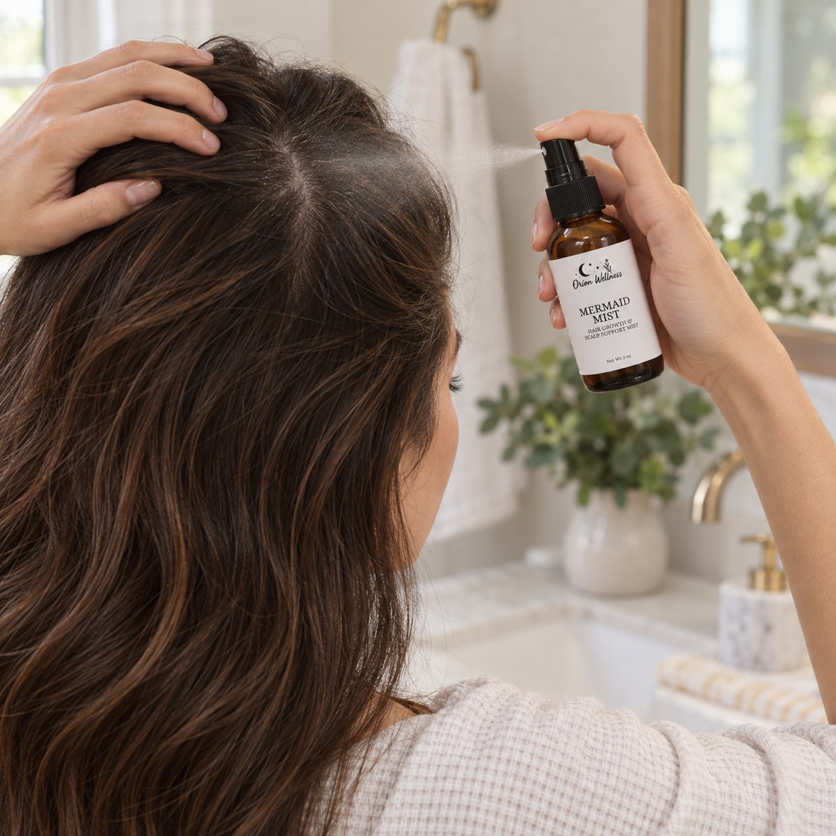 Mermaid Mist in use, included in Hair + Home Unwind Set