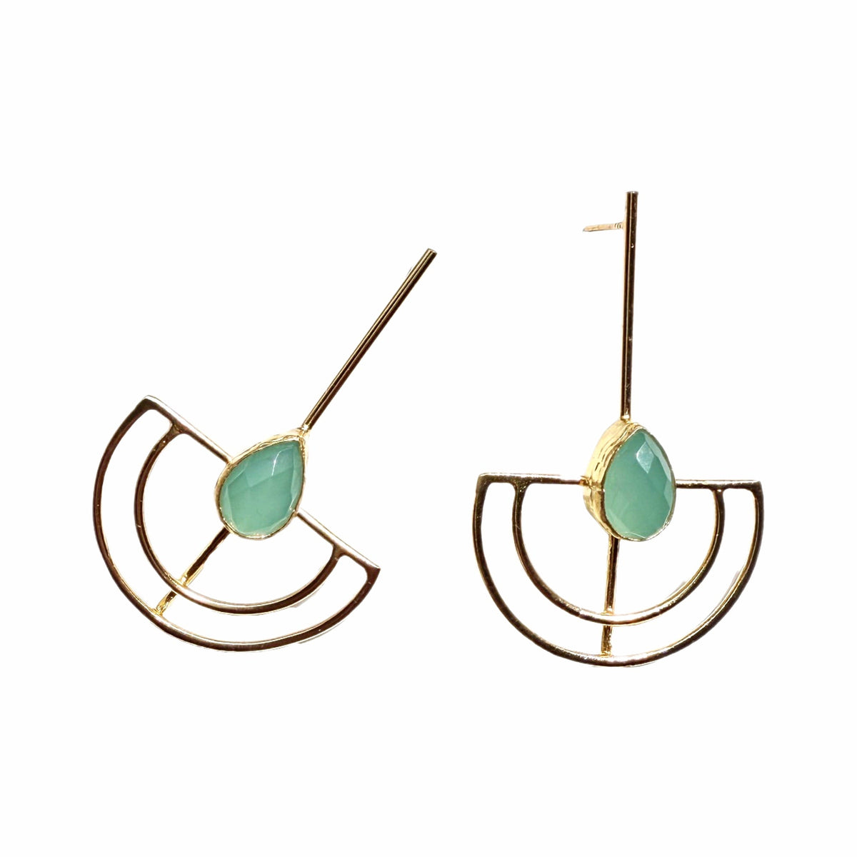 Gold-plated artisanal sustainable contemporary long aqua chalcedony earrings on a white 
