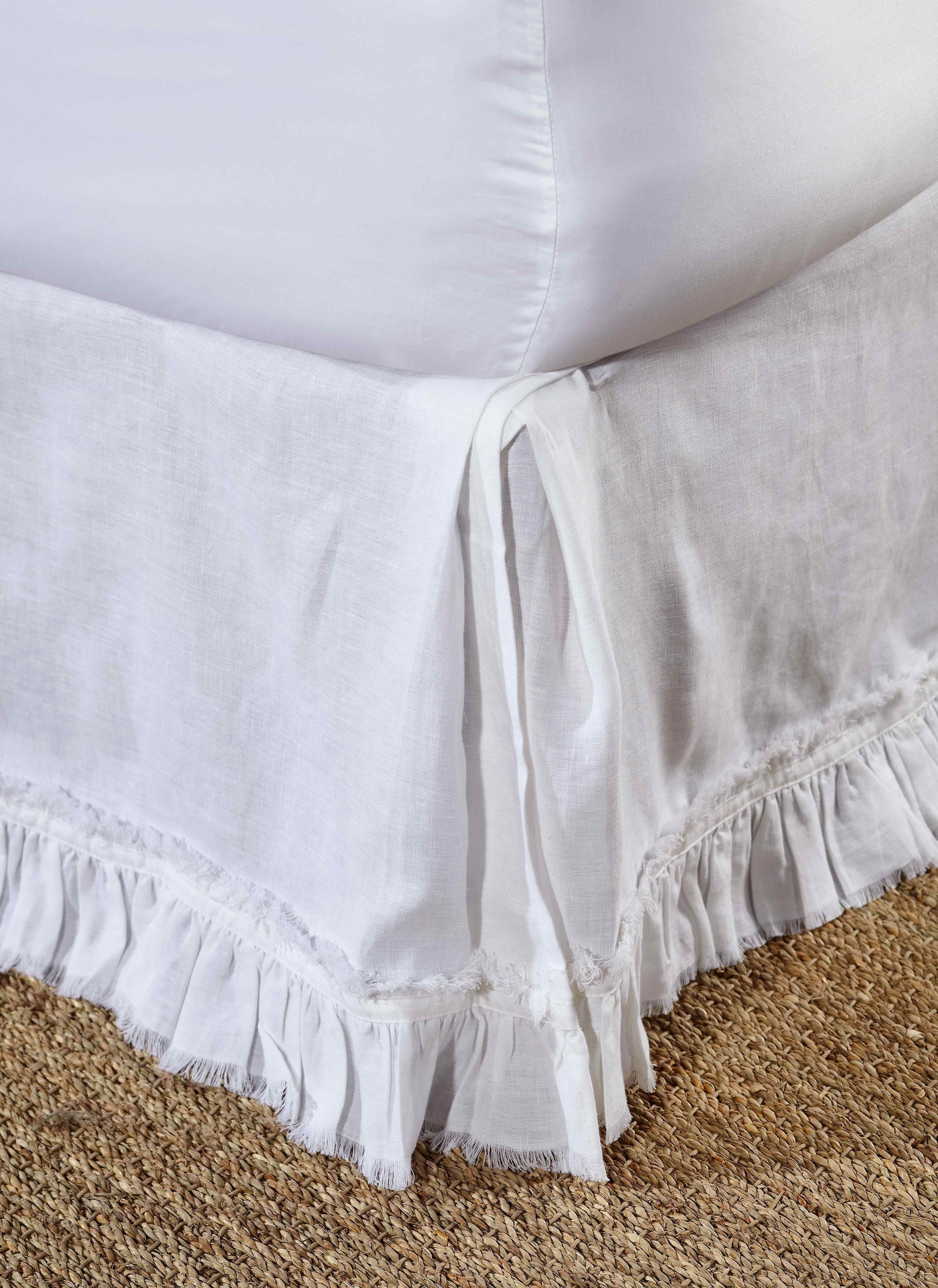 BS-103-6080_1|Luxurious white linen ruffled panel bed skirt with stylish distressed raw edge detail, perfectly complementing the bedding.