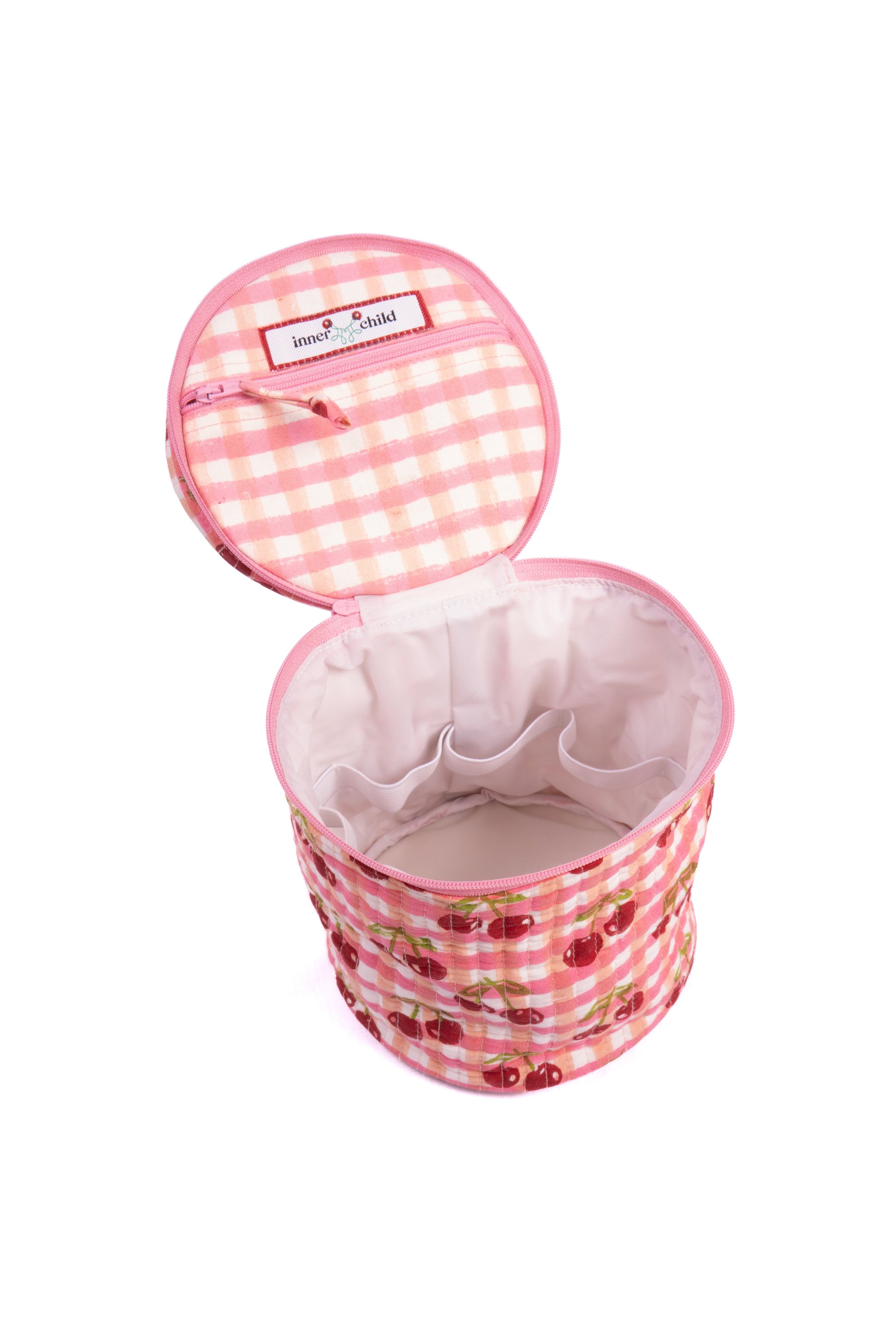 Inner Child cherry round makeup bag with red gingham blockprint design