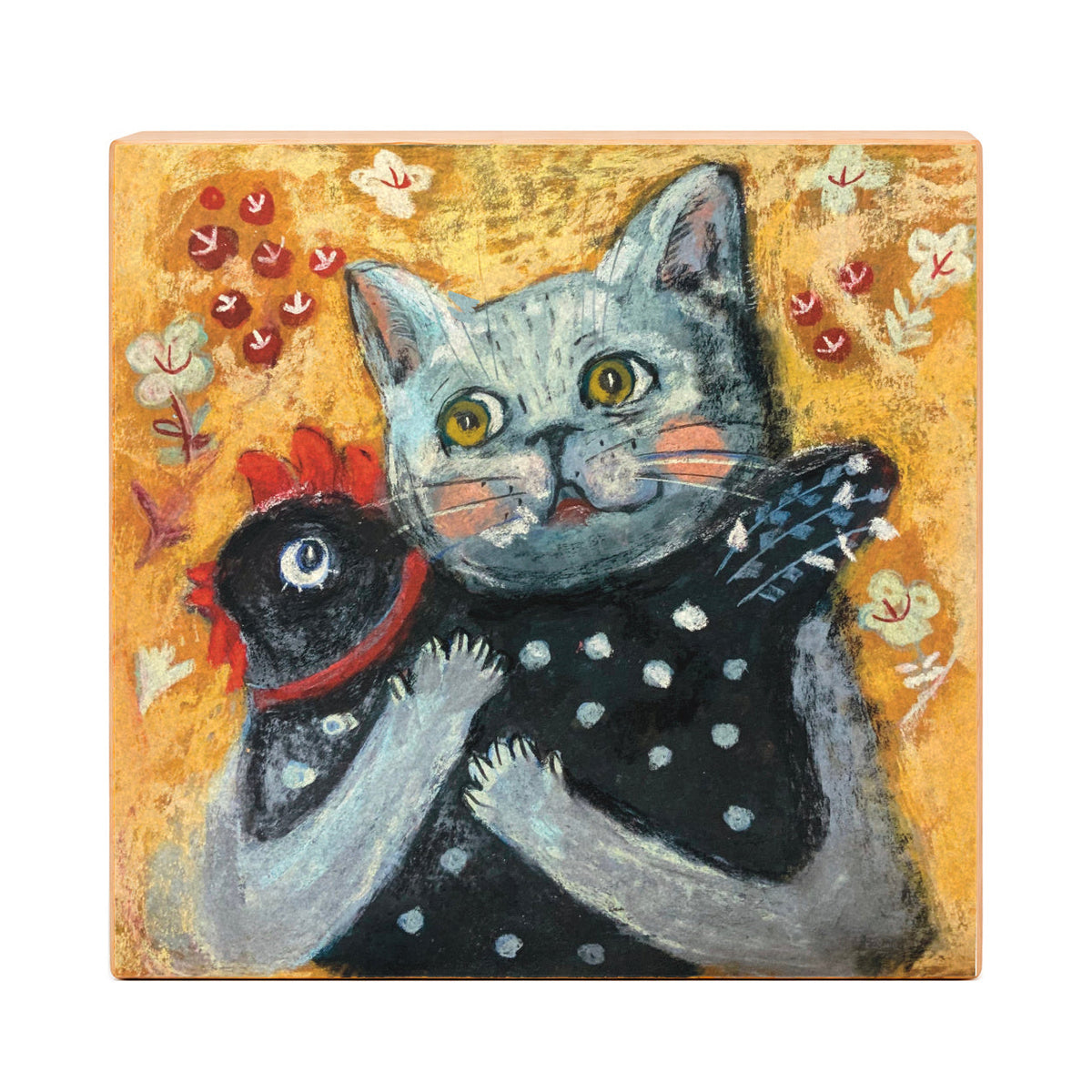 “Echoes of Innocence” art print: a cat hugging a chicken a little too tightly, in bright soft-pastel colours, mounted on gesso board