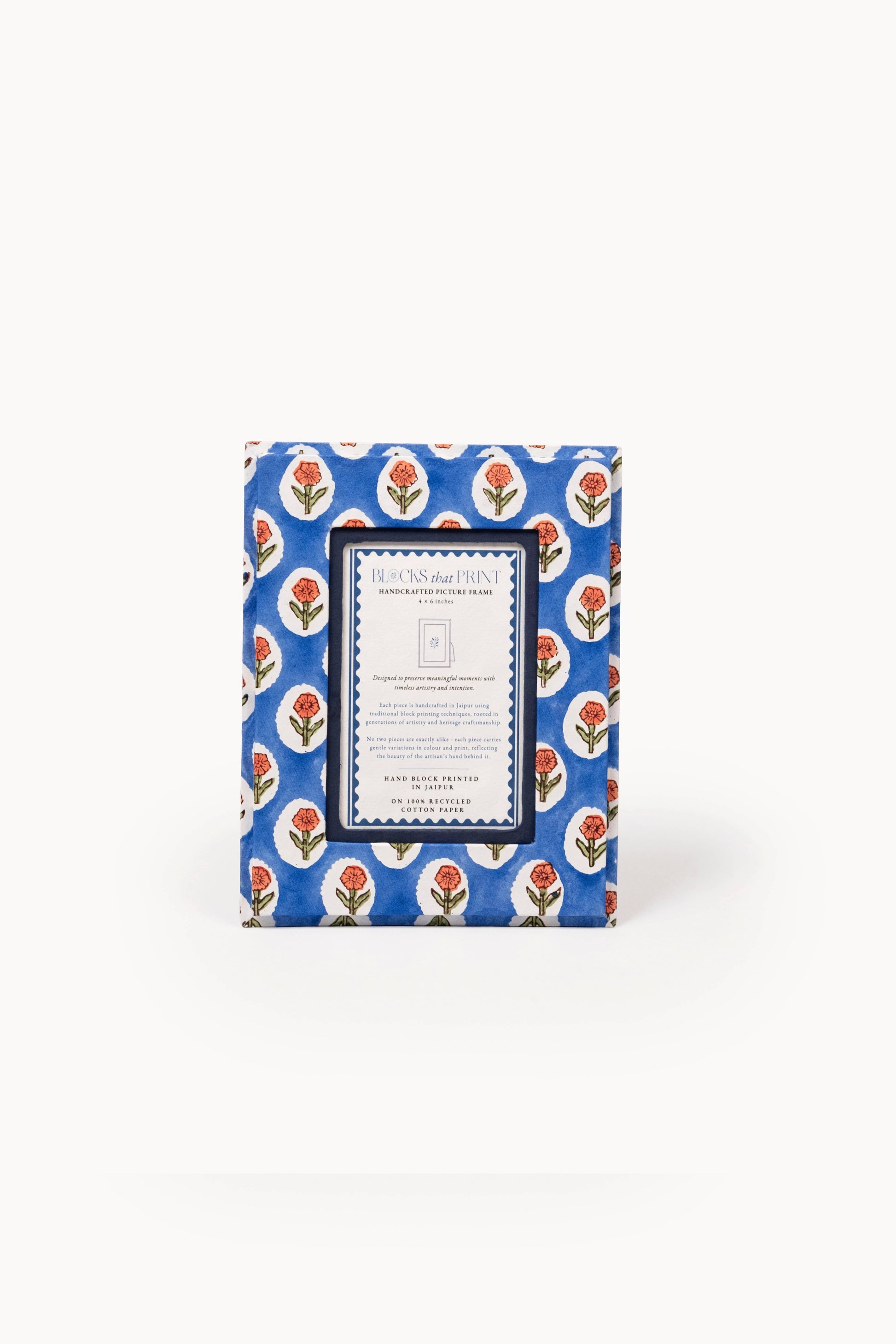 Medium Block Print Photo Frame (4 by 6) - Cobalt Marigold