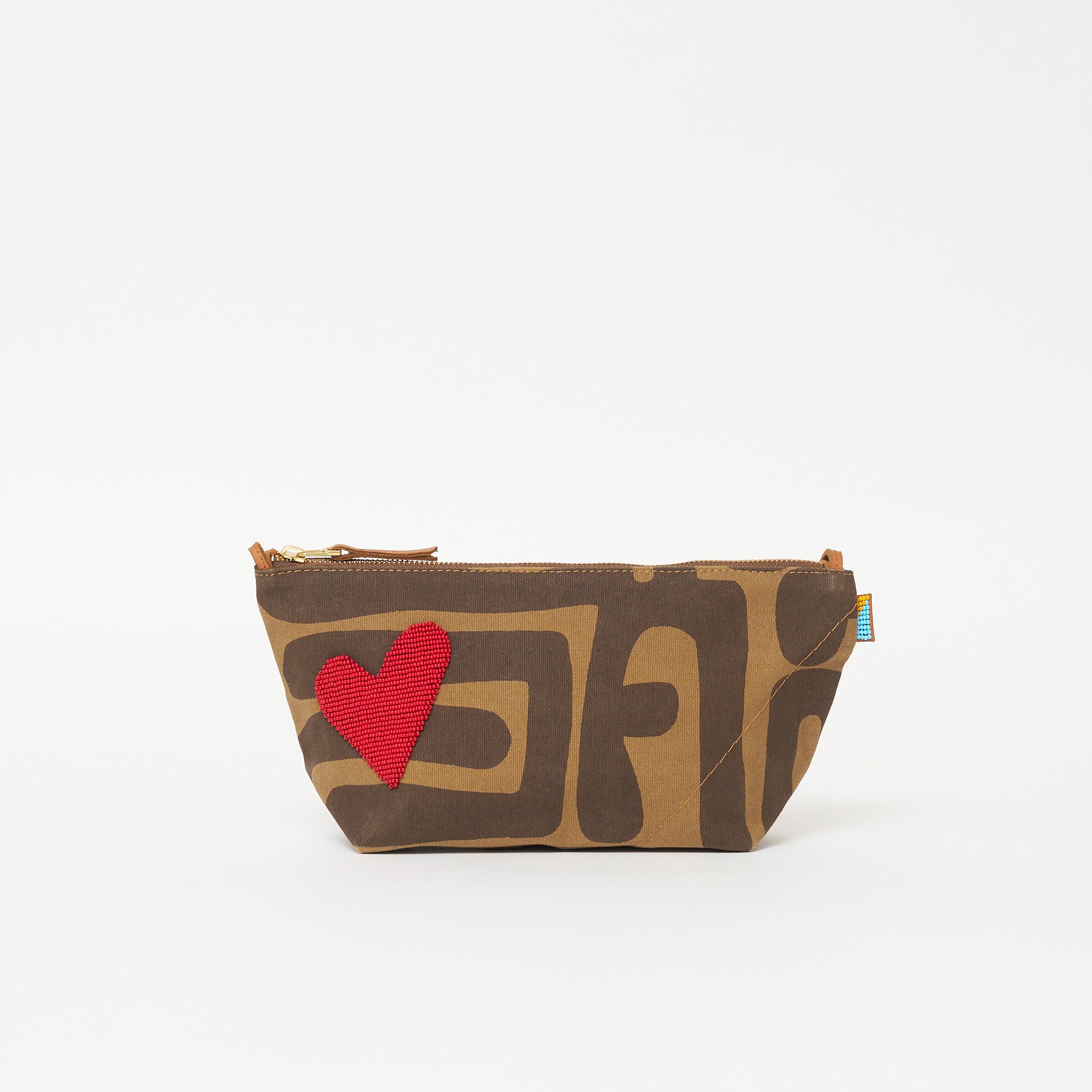 Large Convertible Pouch - Mocha Kuba with Red Beaded Heart with Short Leather Strap