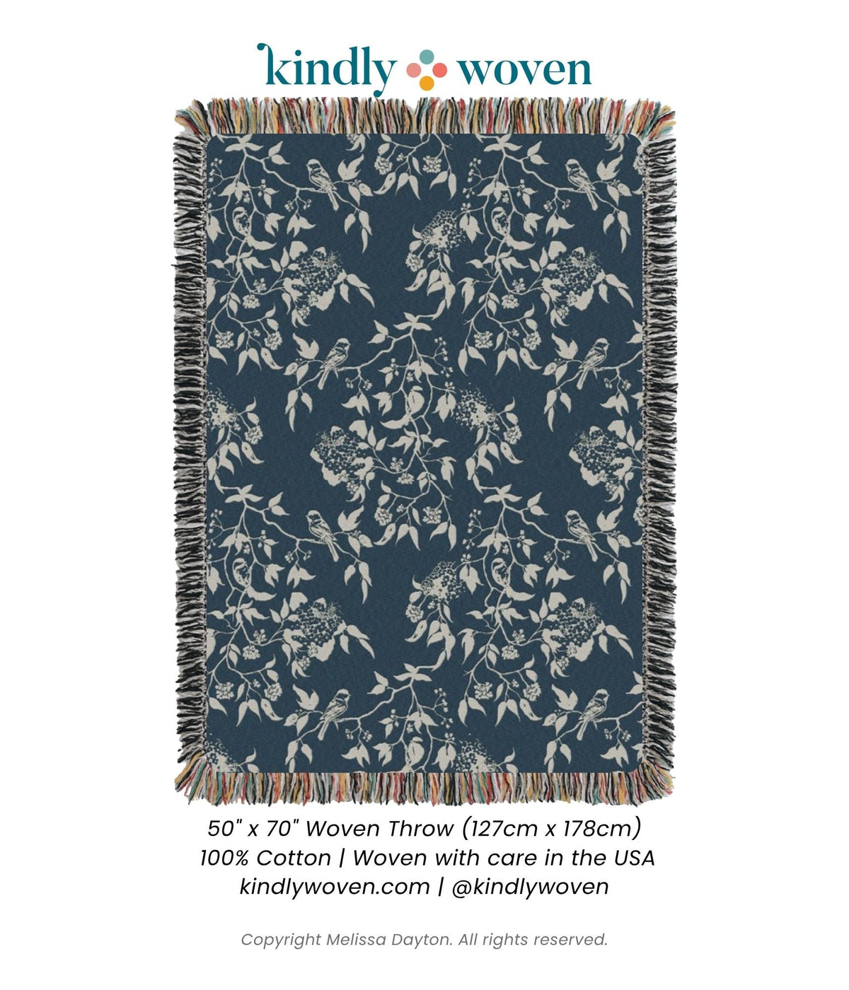 Kindly Woven Wren Tidesong product card showing the full bird and botanical woven throw blanket