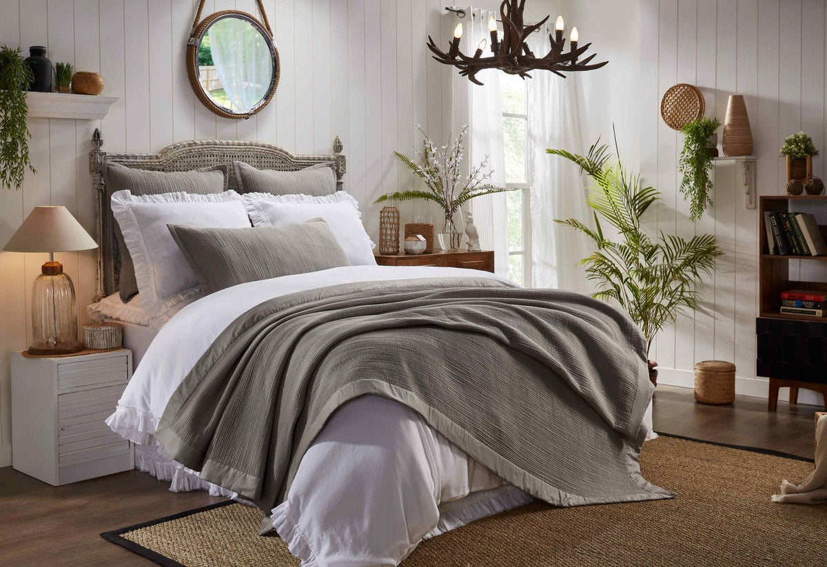 CL-162-11096_2|Inviting bedroom scene with a sophisticated grey textured coverlet, providing ultimate comfort and stylish bedding appeal.