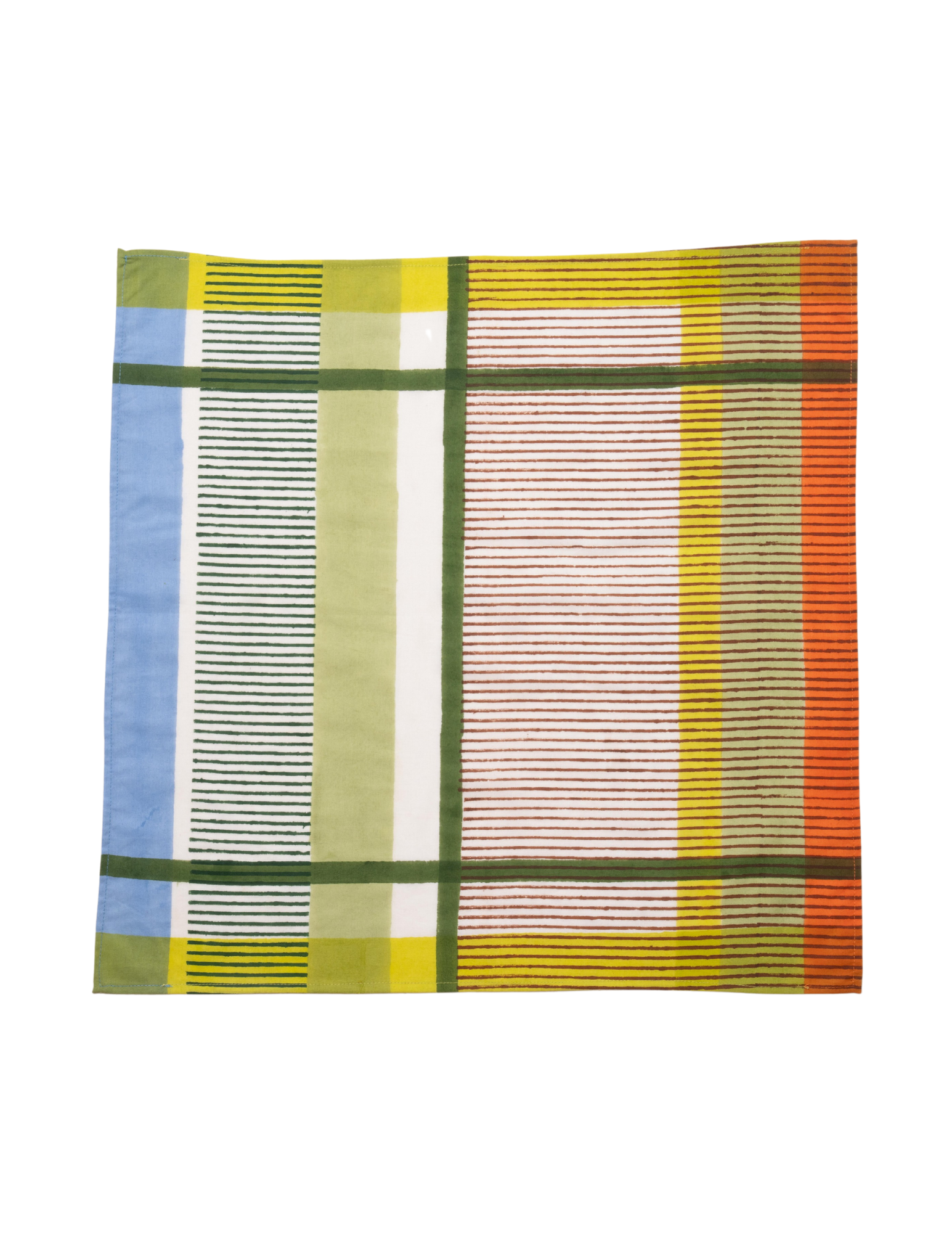 Modernist striped napkin with blue, yellow, green, orange patterns, flat view