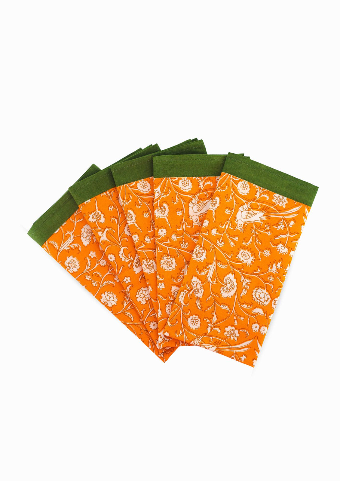 Inner Child set of 4 orange blockprint napkins with bird designs