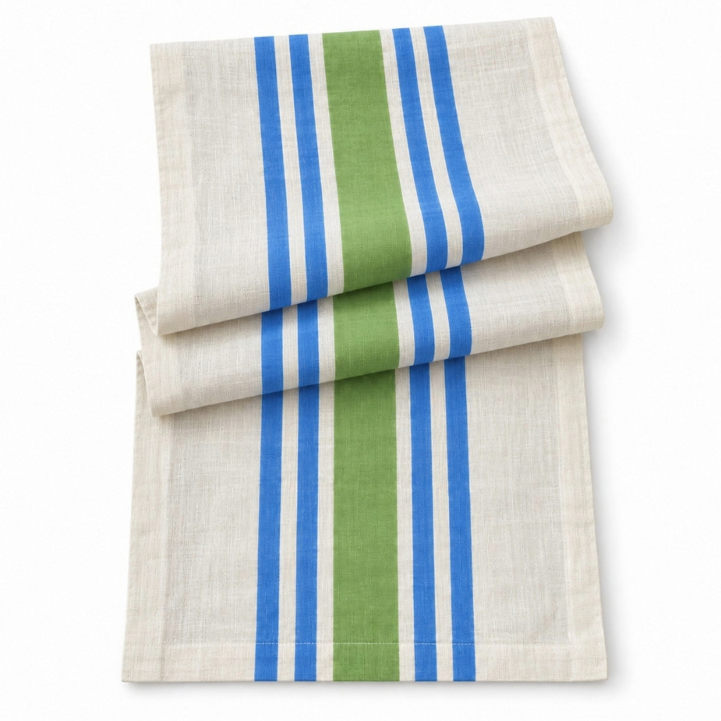 Raag Hand Block Printed Linen Table Runner - Green