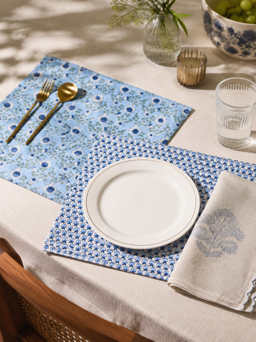 Parijat Ocean Blue Reversible Blockprint Placemats-Set of 2