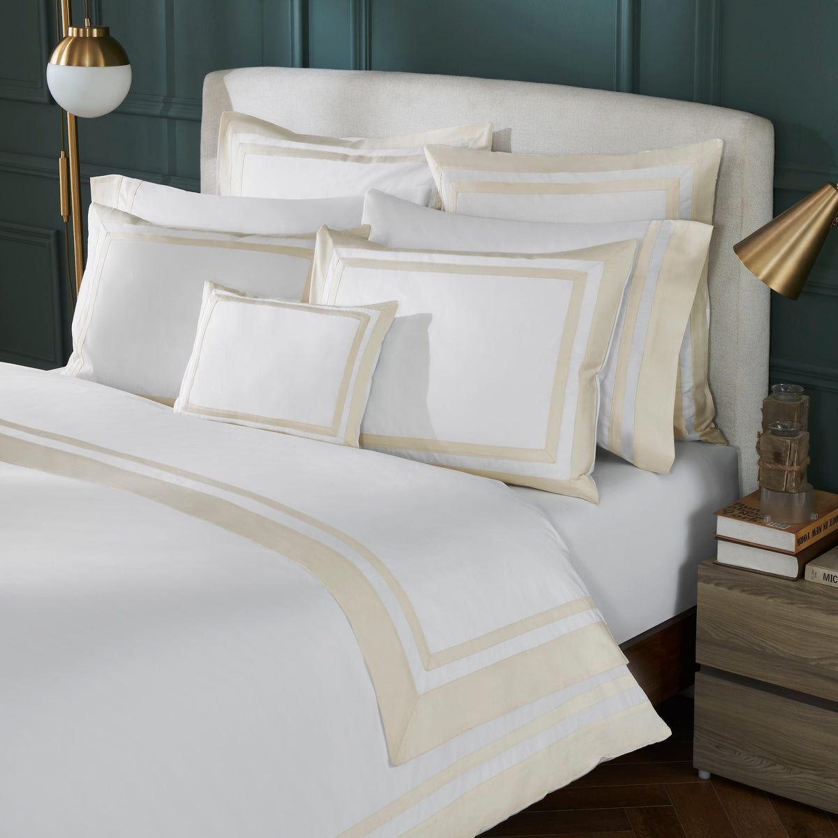 DT-063-9092_5|Close-up of crisp white duvet cover showing elegant button closure detail, high-quality, durable bedding.