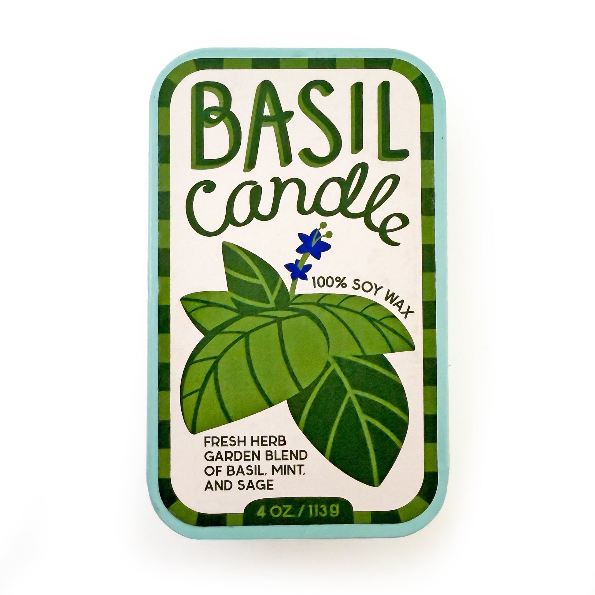 Basil candle packaging with green leaves and blue flower on a white background