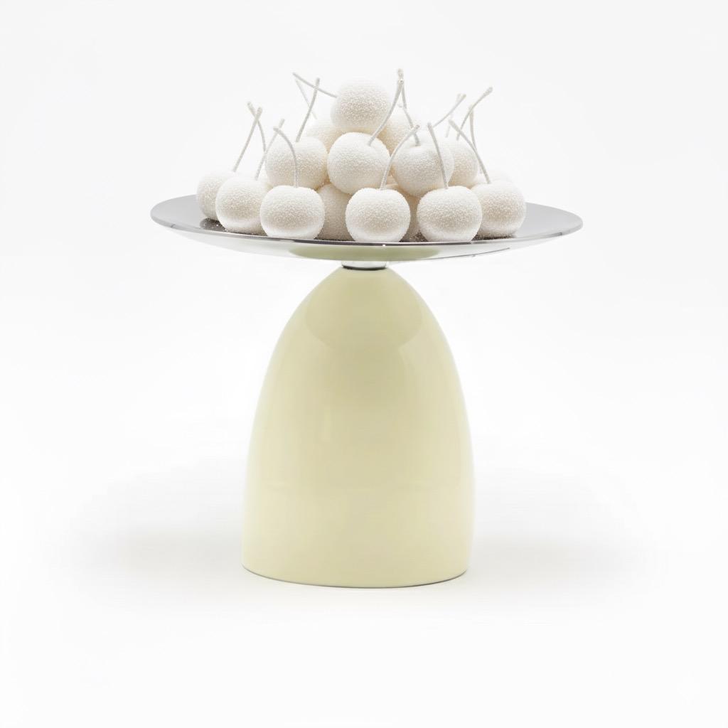 Decorative stand with spherical white objects on a white background