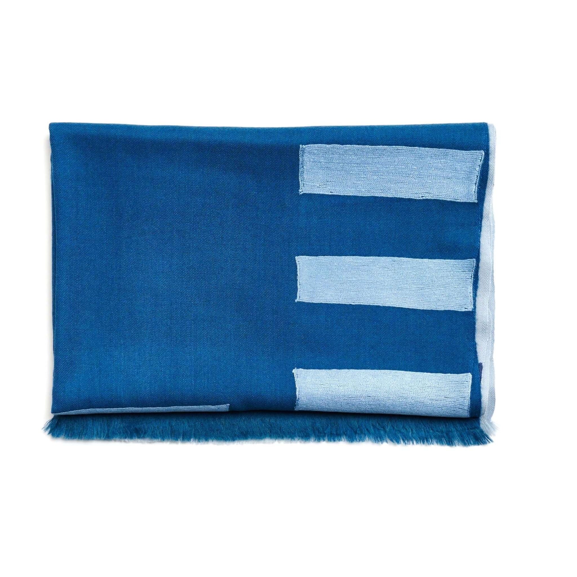 Harbor Blue Silk Merino Hand Woven Hand Embroidered Modern Artisanal Scarf displayed with elegant blue tones.