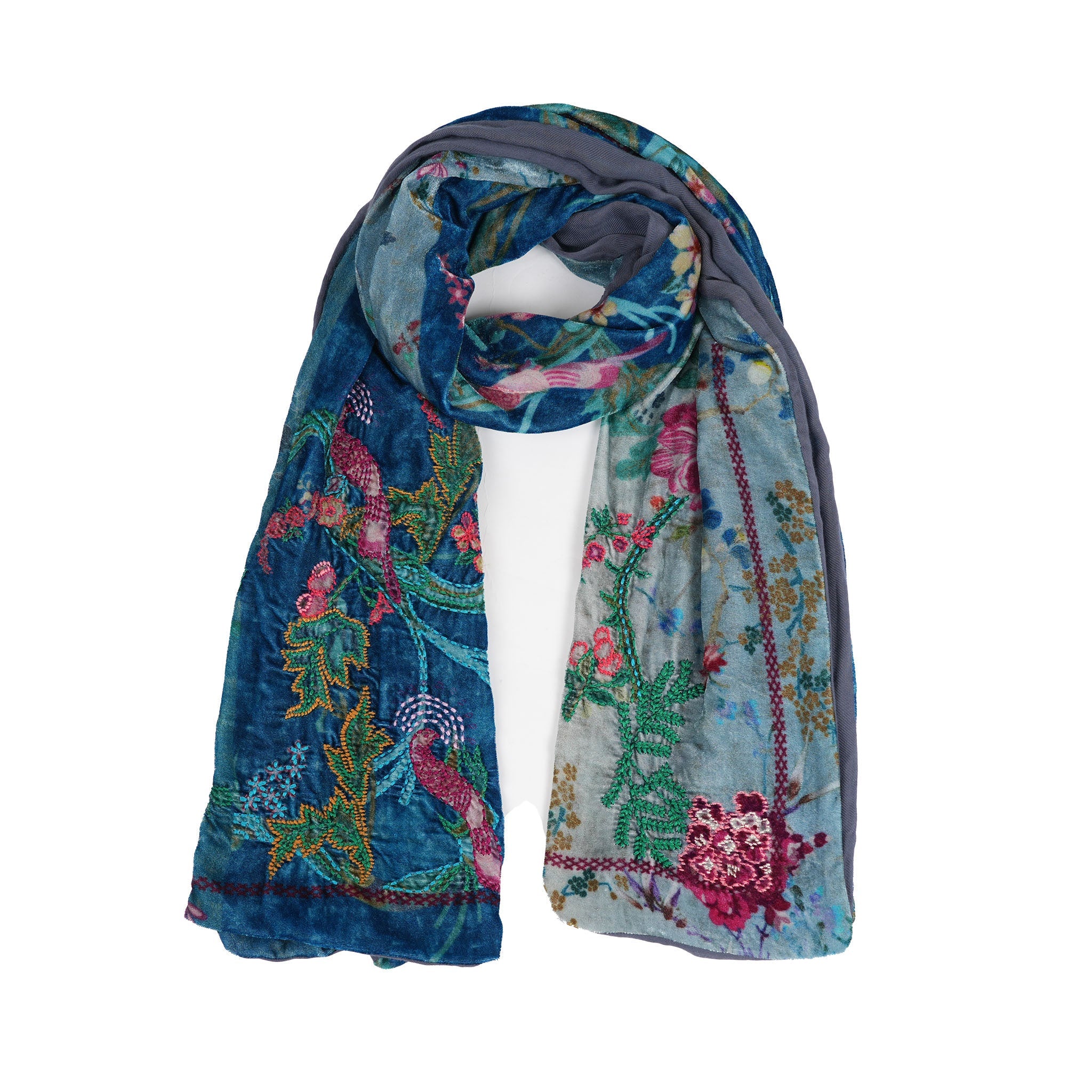 Enchanted Garden Velvet Scarf –  Dusty Blue