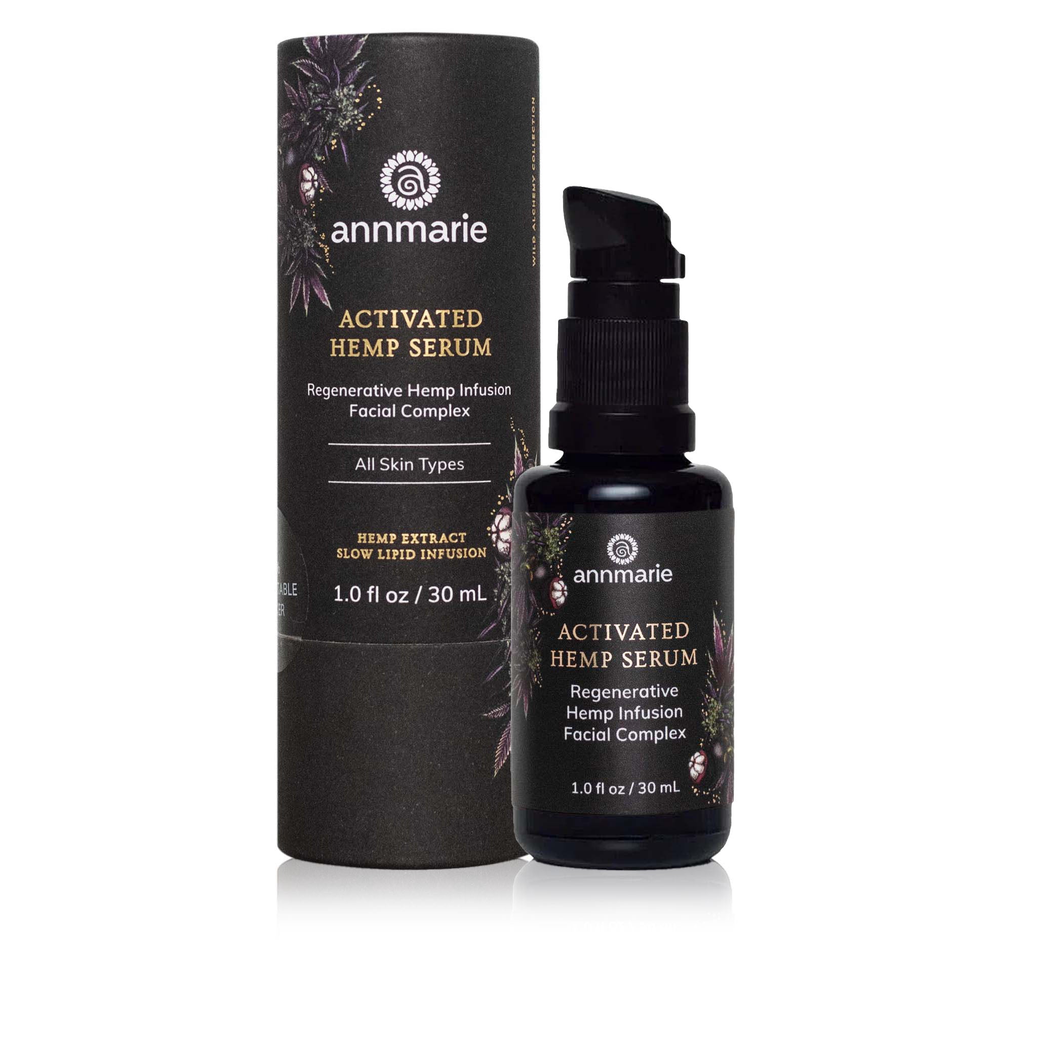 Activated Hemp Serum regenerative hemp infusion facial complex bottle displayed with matching product packaging for all skin types.