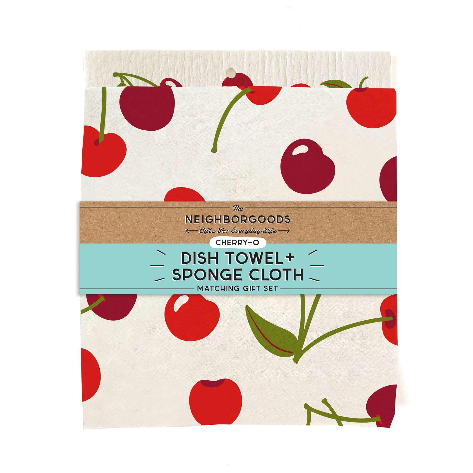 Matching dish towel and sponge cloth set with cherries design, featuring the phrase "Cherry-o"