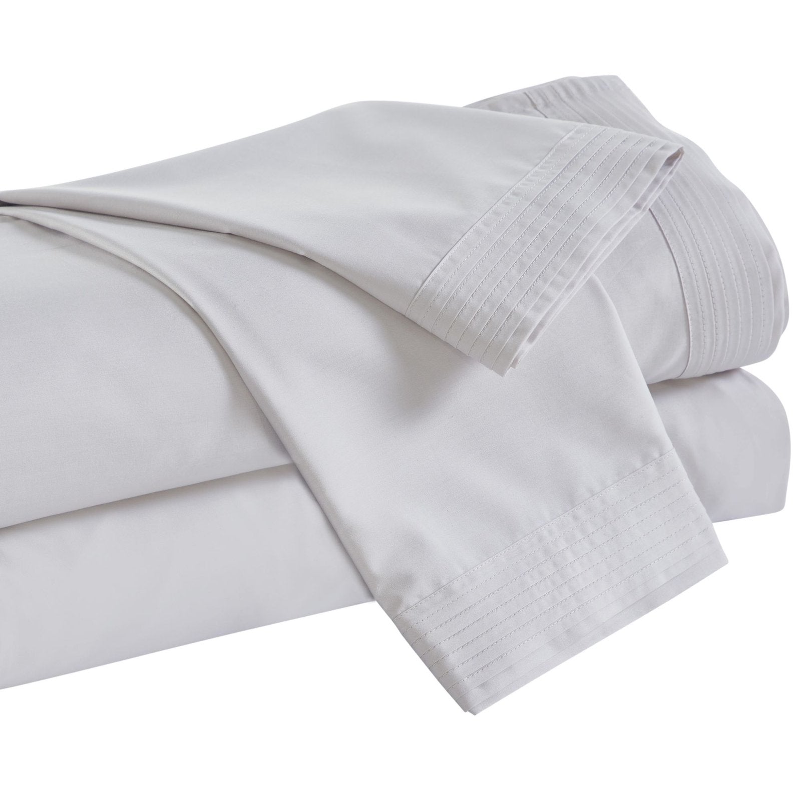 CSS-523-7284_5|Neatly folded light grey 100% cotton sheets, highlighting the quality fabric and elegant pleat details. Premium bedding.