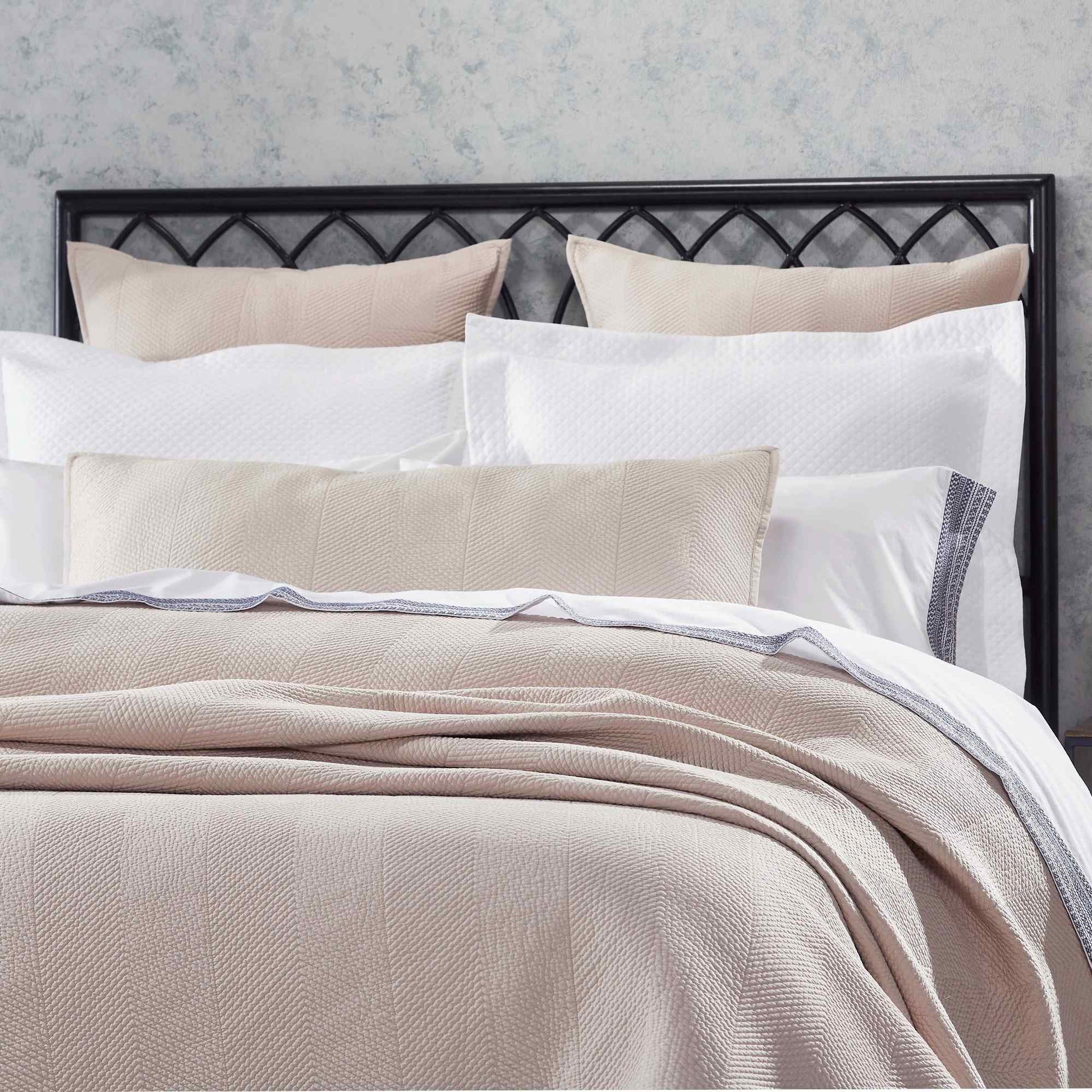 CL-170-DUP-X_2|Chic beige herringbone patterned coverlet on a queen bed, offering sophisticated style and comfortable bedding.