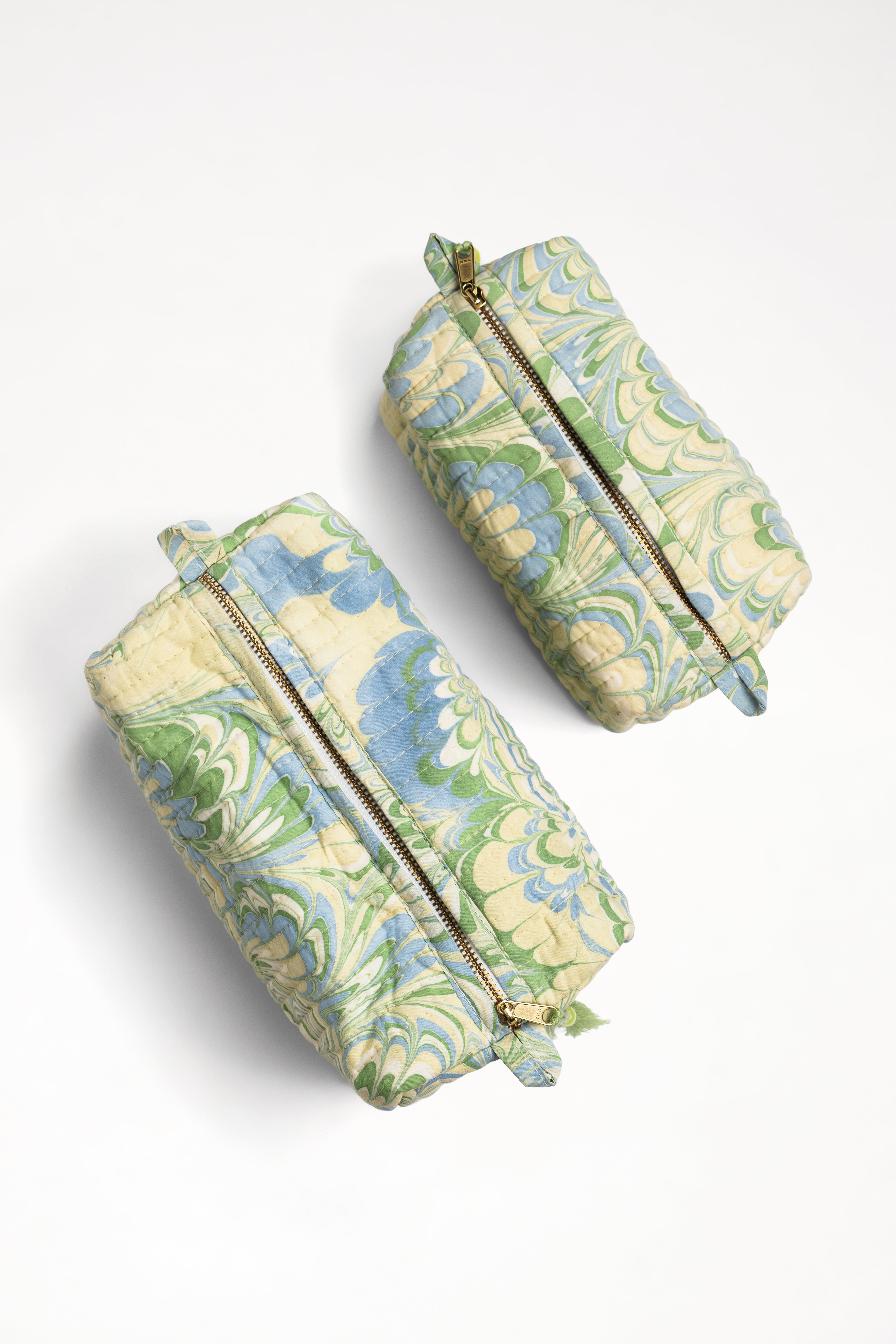 Two hand-marbled seaglass peacock cosmetic bags with zipper closure - Inner Child