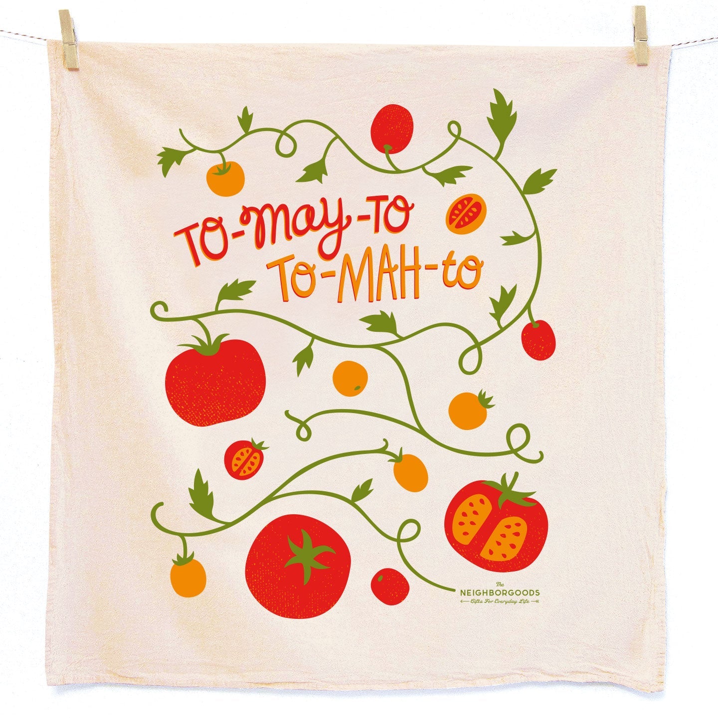 Reusable Swedish sponge cloth with tomato desidn,  featuring the phrase "To-may-to, to-mah-to"