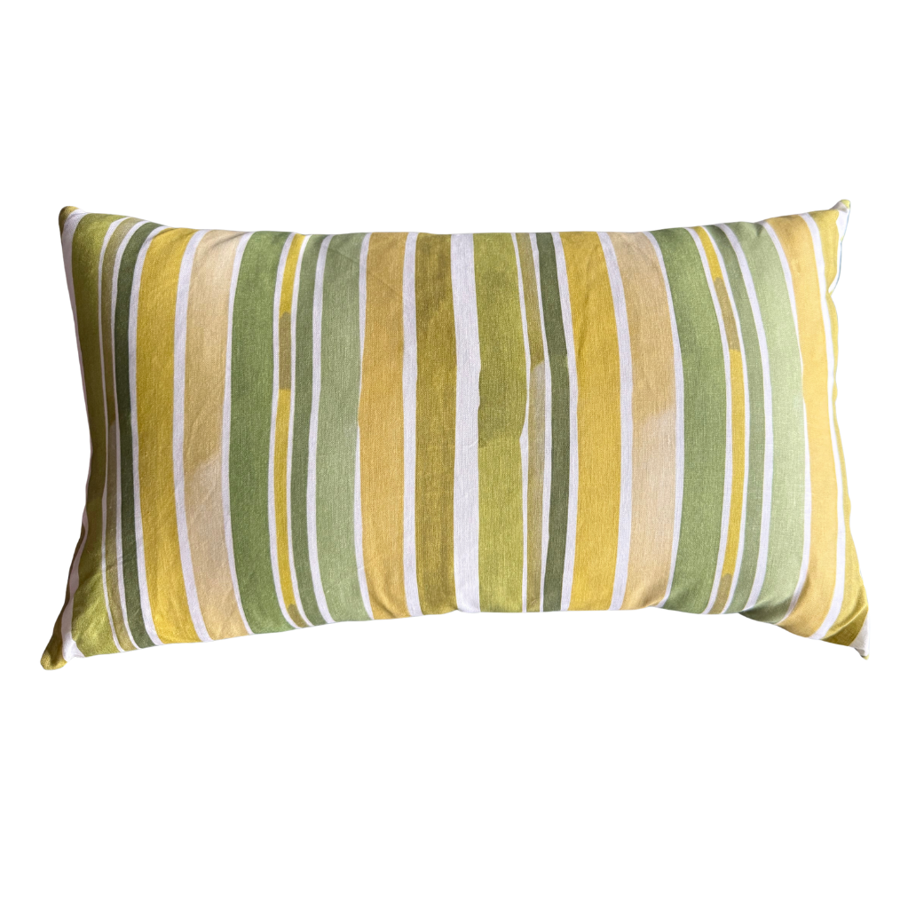 Lagos Stripe linen lumbar pillow 12x20 with bold hand-painted stripe in vibrant green mustard and yellow - Goldie Home