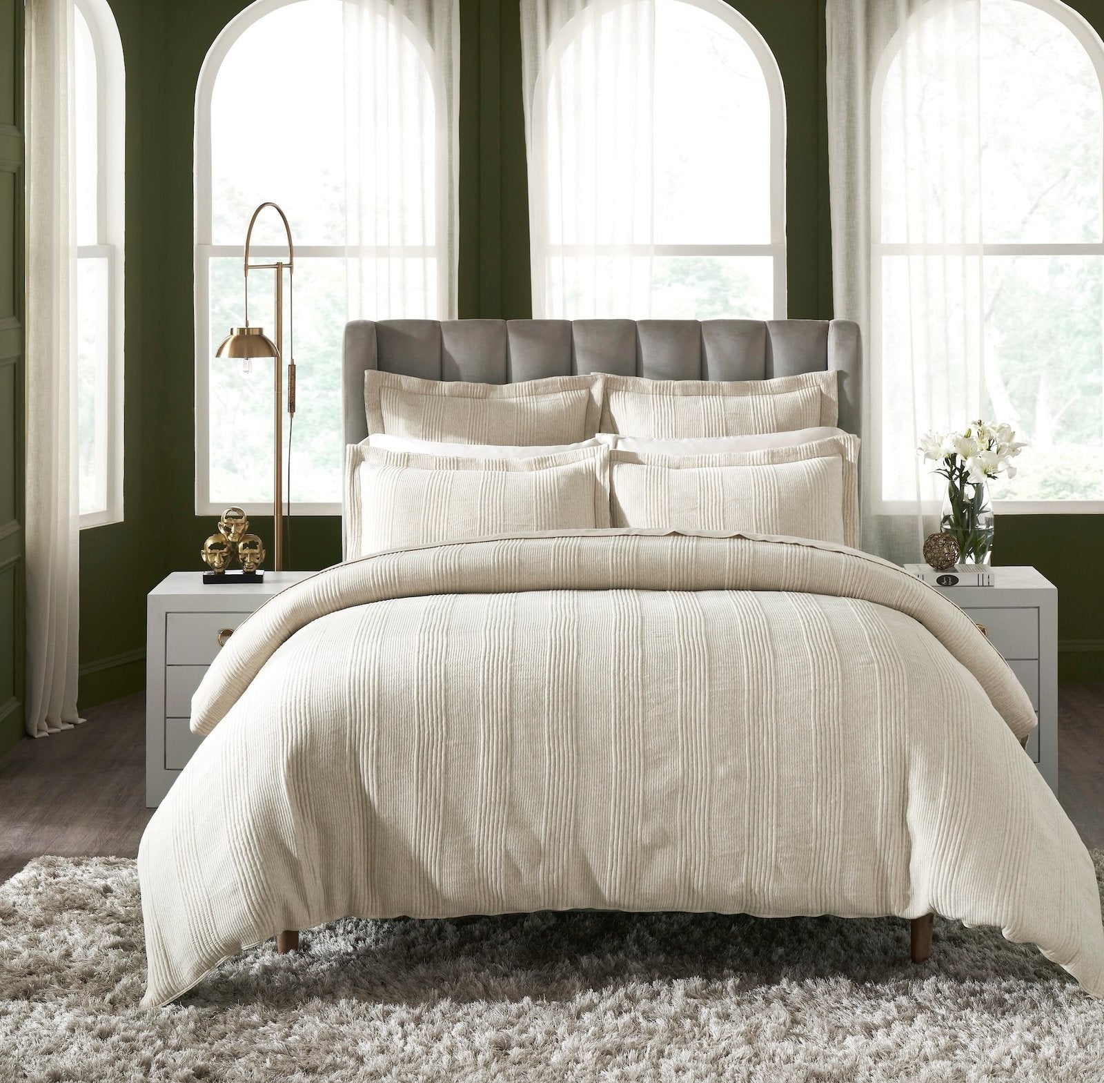 DT-040-10692_1|Elegant beige textured duvet cover set, full bed ensemble, showcasing vertical stripes, perfect for a cozy bedroom retreat.