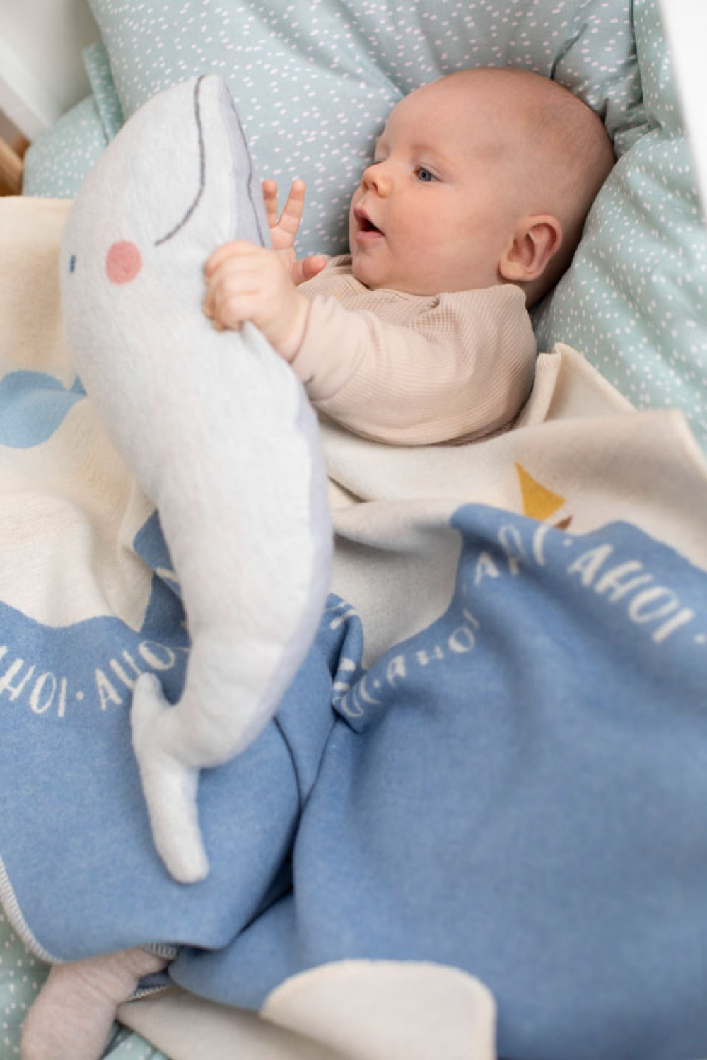 JUWEL baby blanket "whale/AHOI " in . Blanket made by David Fussenegger , a family-run mill in Austria.
