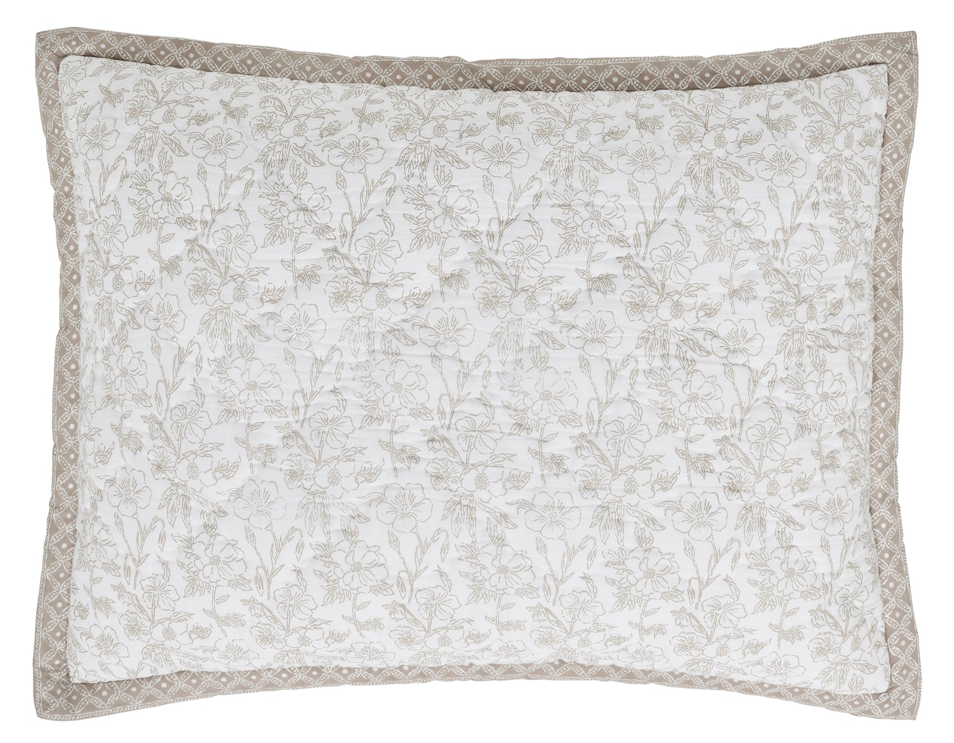 SS-346-2026_1|Quilted pillow sham featuring a subtle beige floral pattern on white with a delicate geometric border, perfect for a sophisticated quilt.