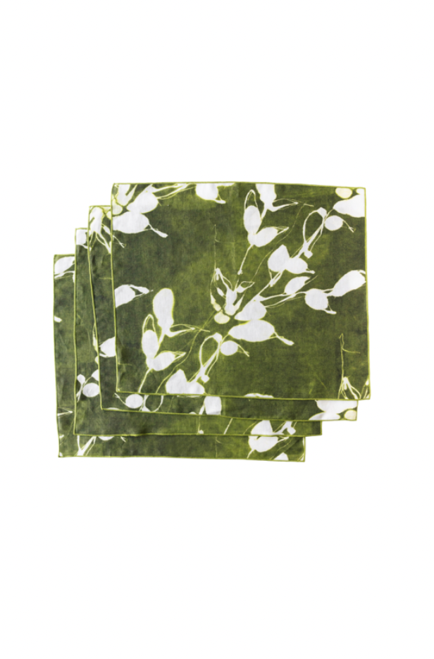 Porto Print Olive linen placemat set of 4 with hand-painted cascading floral pattern in earthy olive green - Goldie Home