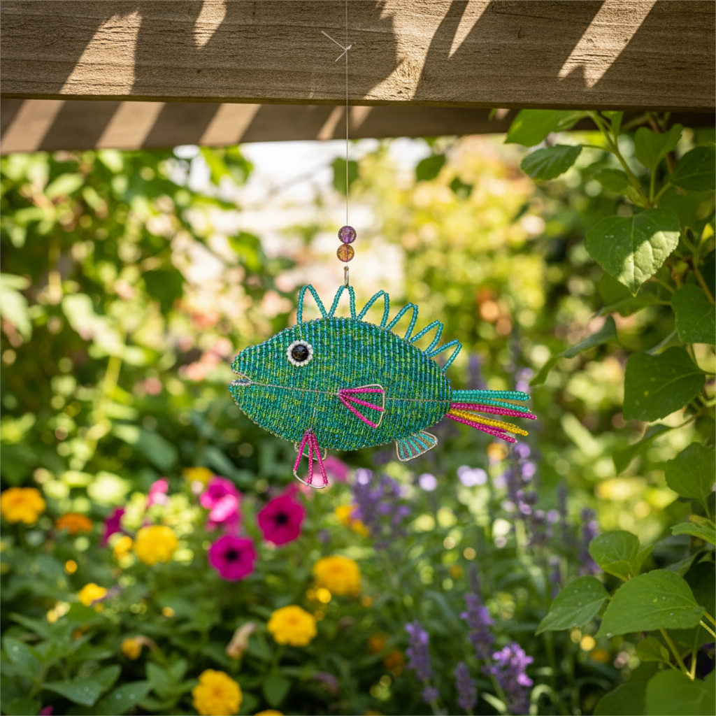 Handcrafted beaded speckle fish ornament displayed in a sunny garden
