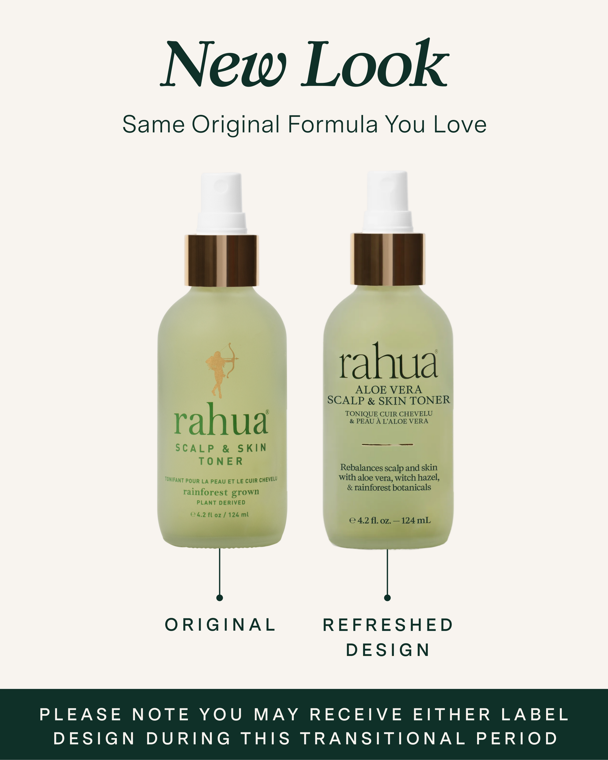 Two bottles of Rahua skincare products with text indicating a new look and refreshed design.|variant:42-oz