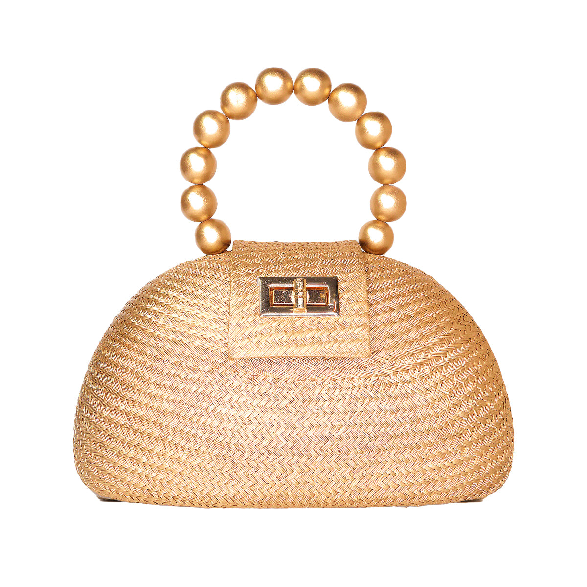 THE ORLA Gold Woven Straw & Wooden Bead Statement Clutch Bag