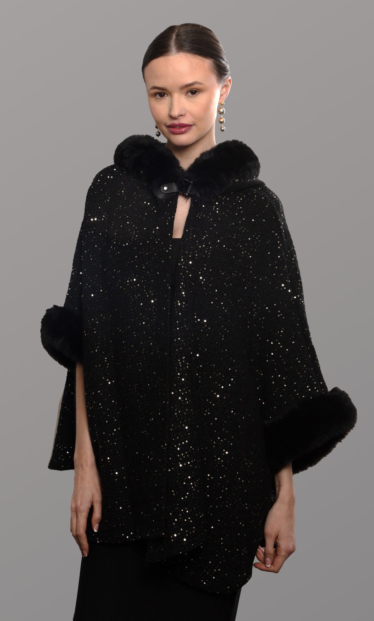 Sequin Kimono Faux Fur Hood - Black