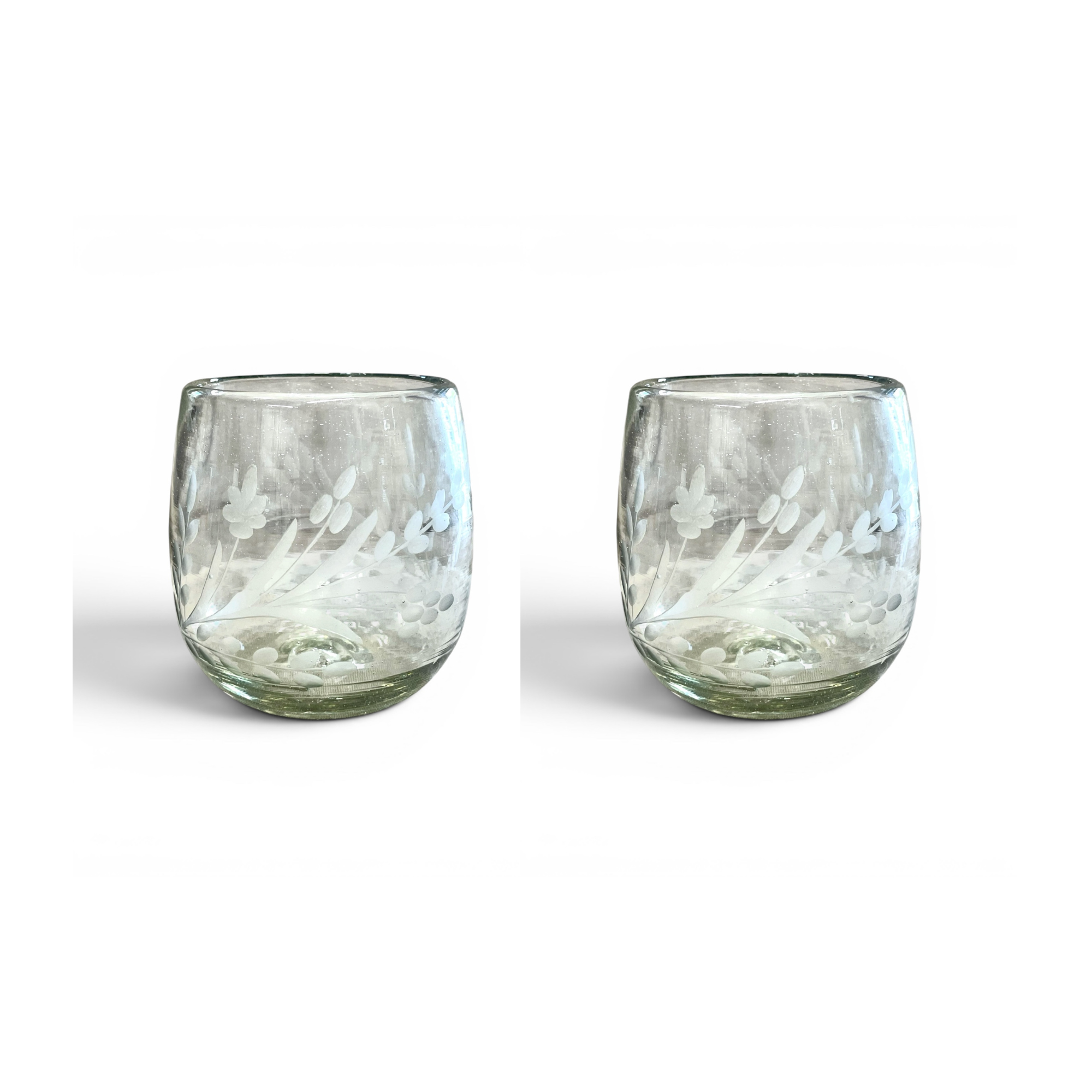 Hand-etched Blown Oval Glass, Set of 2