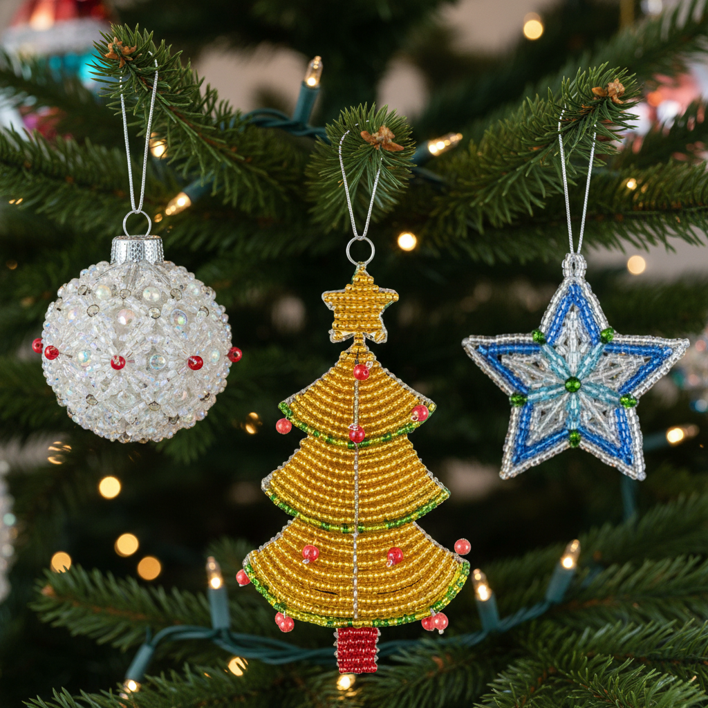 Christmas Tree With Star Ornament Set of 3 hanging on a Christmas tree with bokeh holiday lights