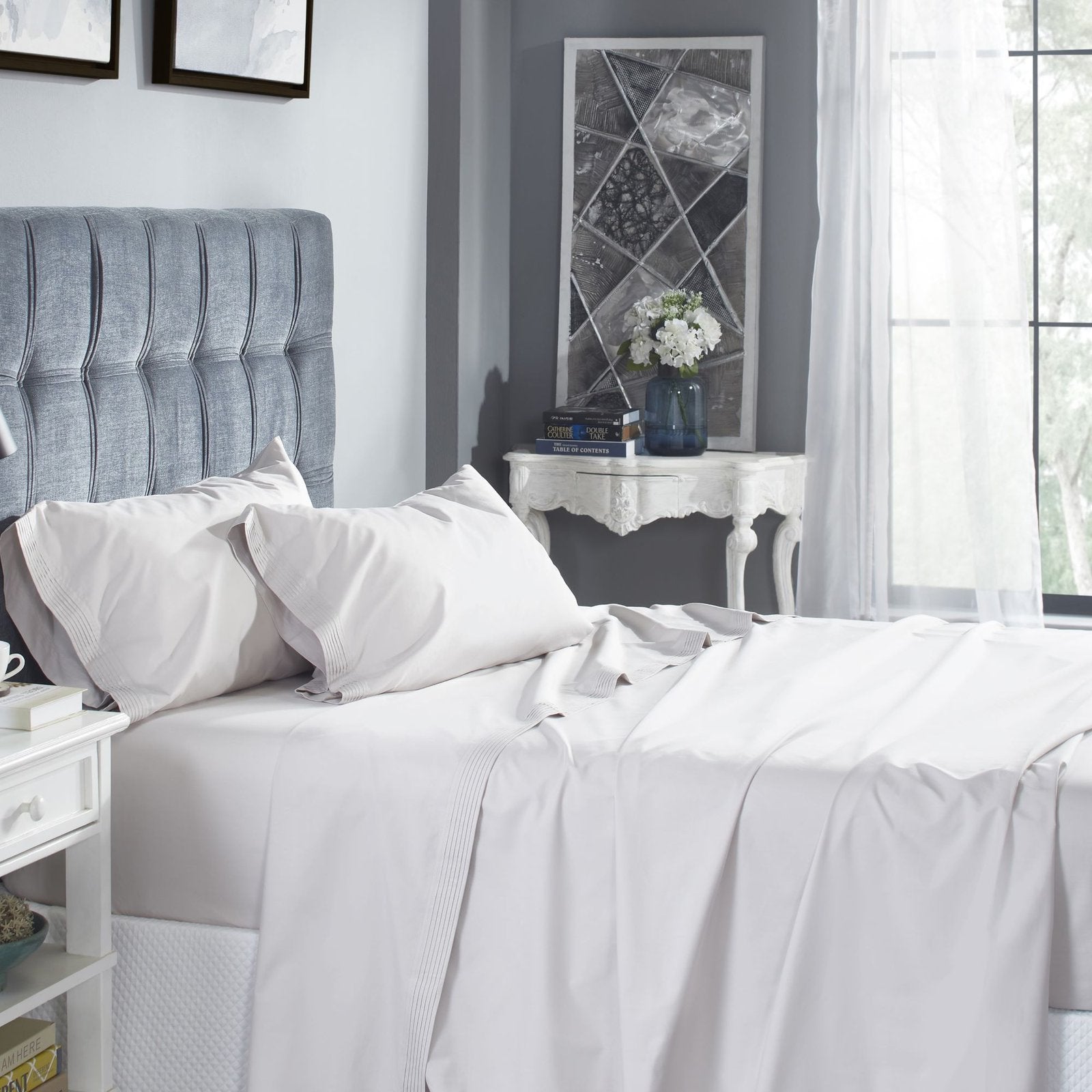CSS-523-7284_2|Elegant light grey 100% cotton sheets on a bed, enhancing the cozy bedroom decor. Soft, breathable, and luxurious pure cotton.