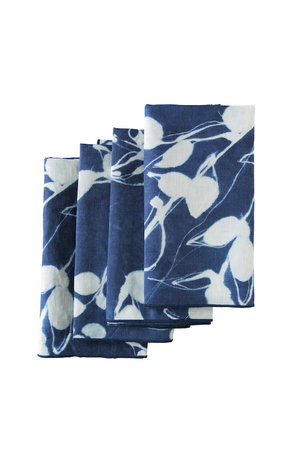 Porto Print Indigo linen dinner napkin set of 4 with hand-painted cascading floral pattern in indigo blue - Goldie Home