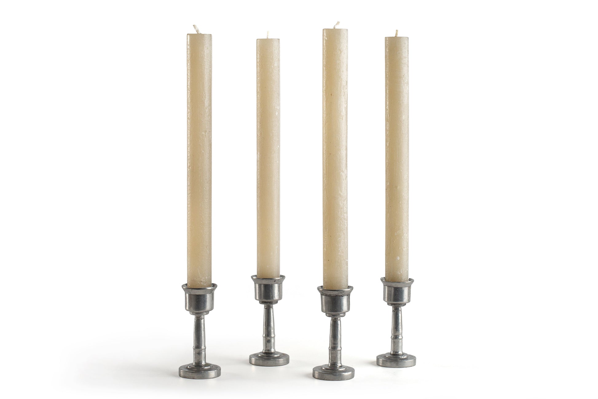4 white frosted tapers in pewter taper holders.  Hand crafed in South Africa
