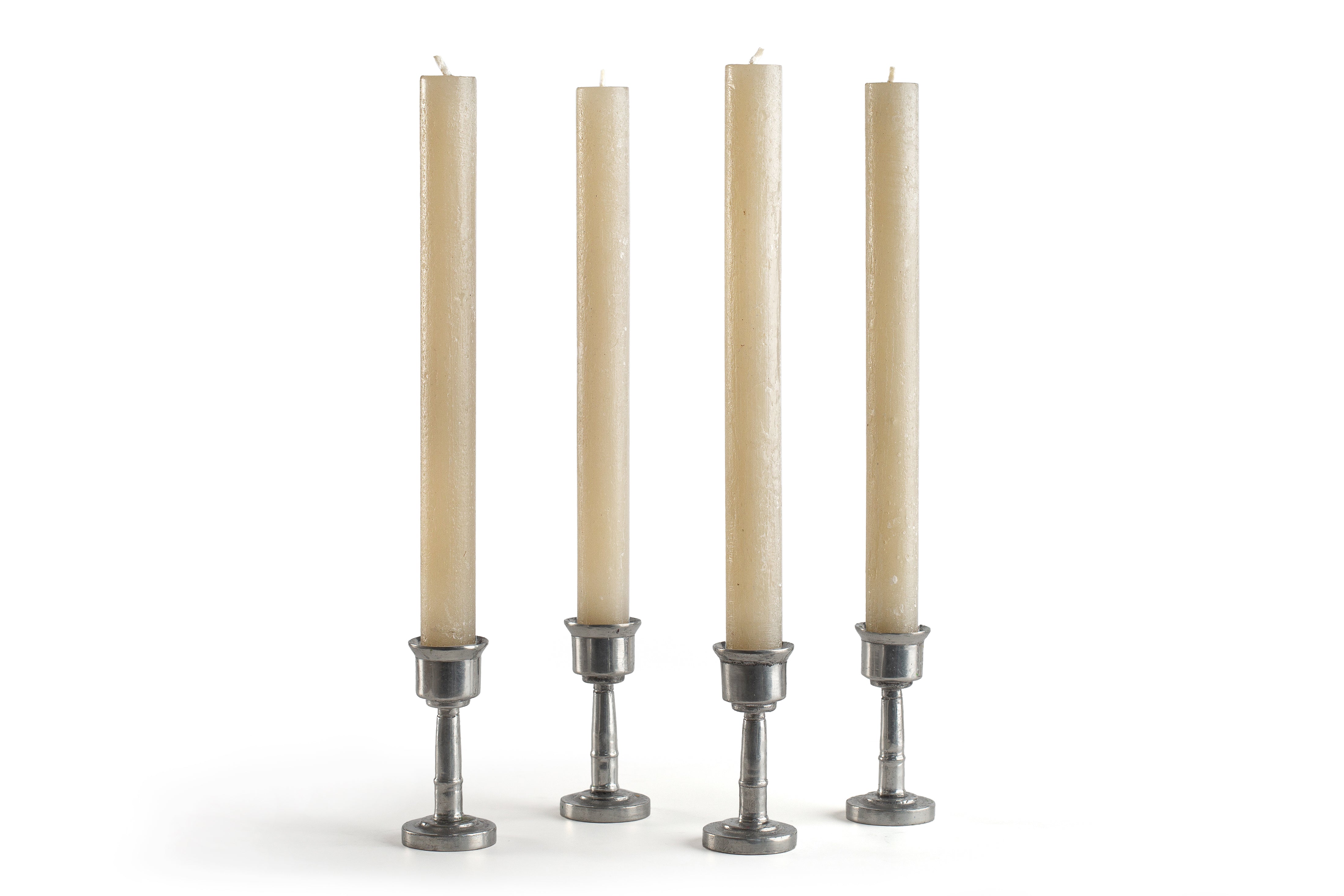 4 white frosted tapers in pewter taper holders.  Hand crafed in South Africa