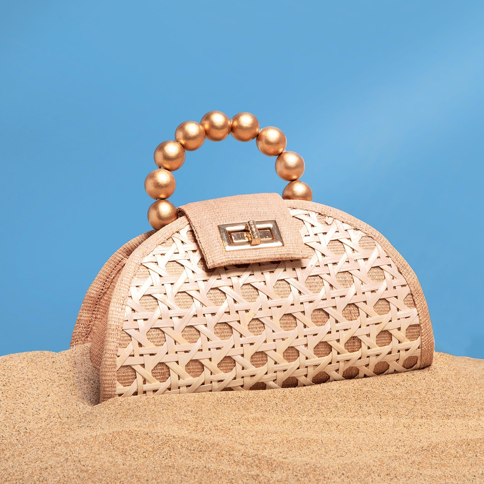 THE BELLA Tan & Gold Rattan Woven Handbag
